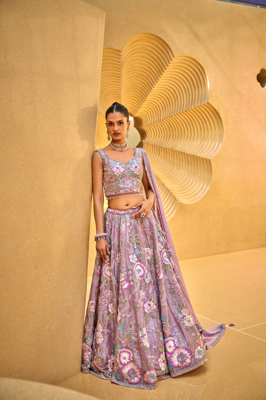 Lavender Organza Cut-dana & Handwork Designer Lehenga choli & Dupatta