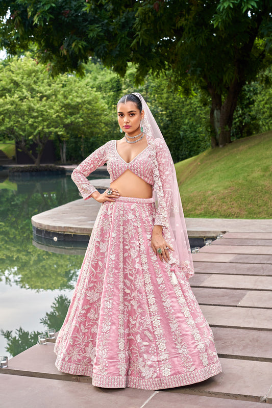 Pink Organza Sequins embroidery Engagement Lehenga Choli