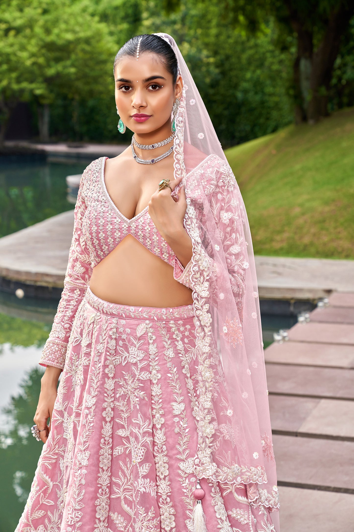 Pink Organza Sequins embroidery Engagement Lehenga Choli