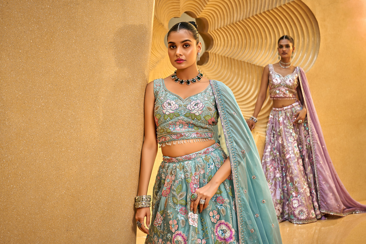 Sea Green Organza Cut-dana & Handwork Designer Lehenga choli & Dupatta