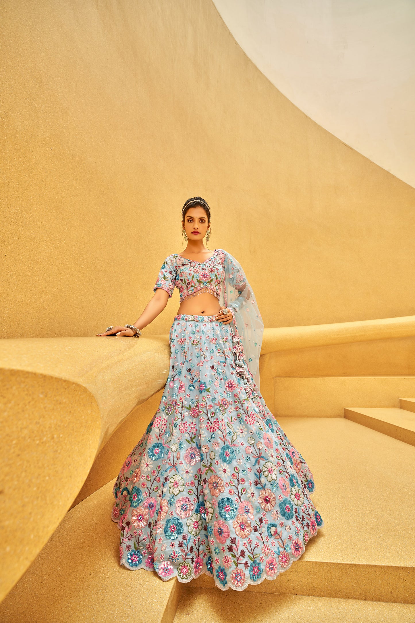 Turquoise blue Organza Zarkan & heavy Sequin embroidery Engagement Lehenga Choli