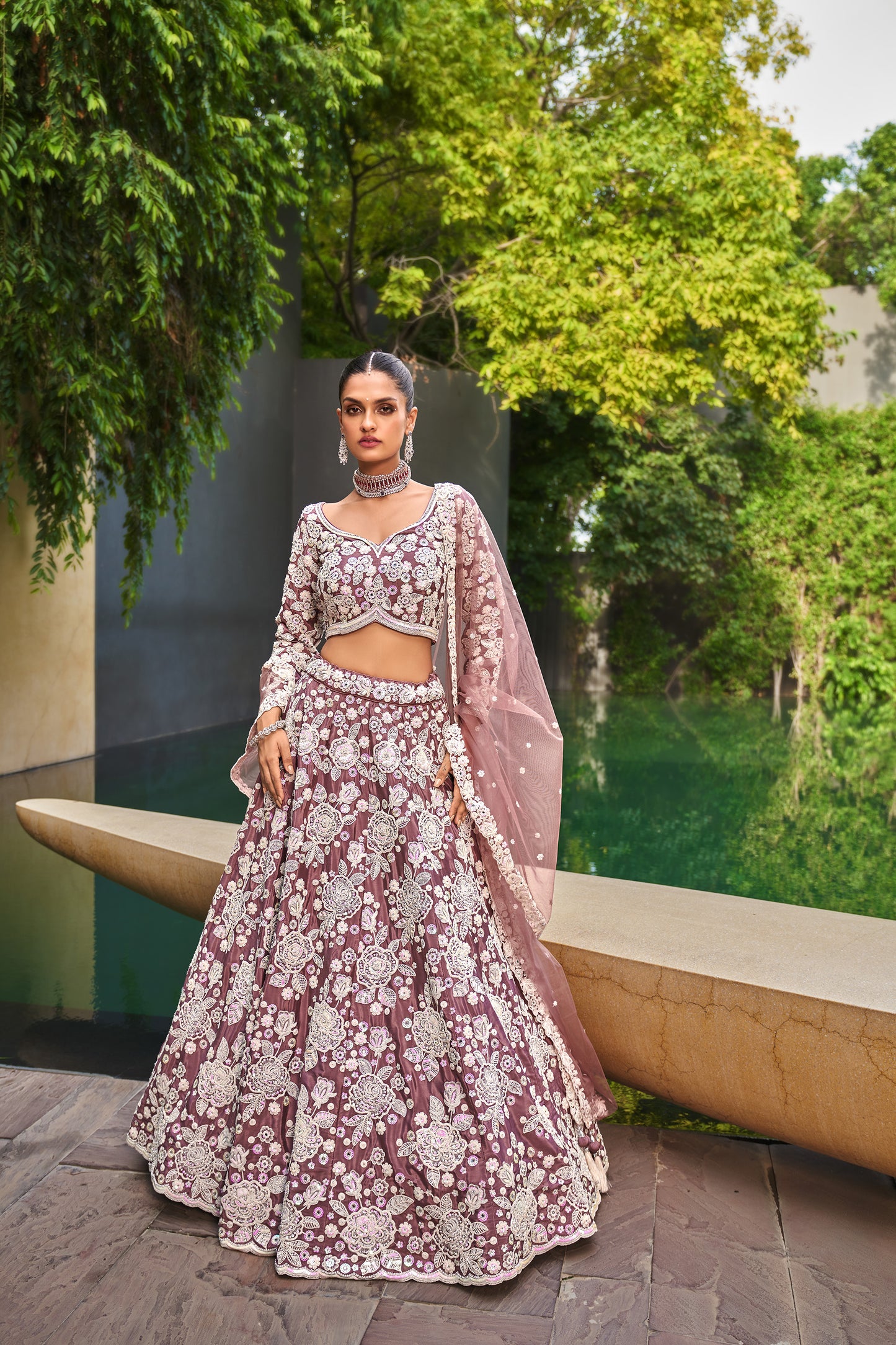 Lavender Satin Sequins & Moti work Bridesmaid Lehenga set