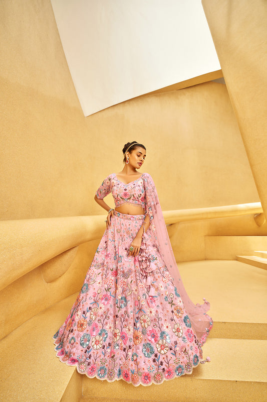 Pink Organza Zarkan & heavy Sequin embroidery Engagement Lehenga Choli