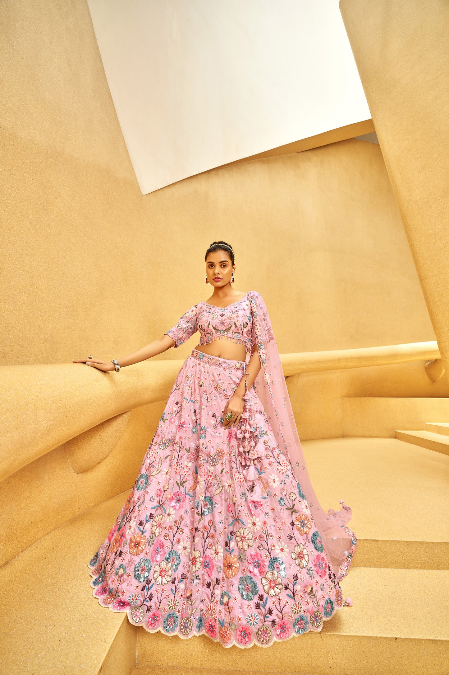 Pink Organza Zarkan & heavy Sequin embroidery Engagement Lehenga Choli