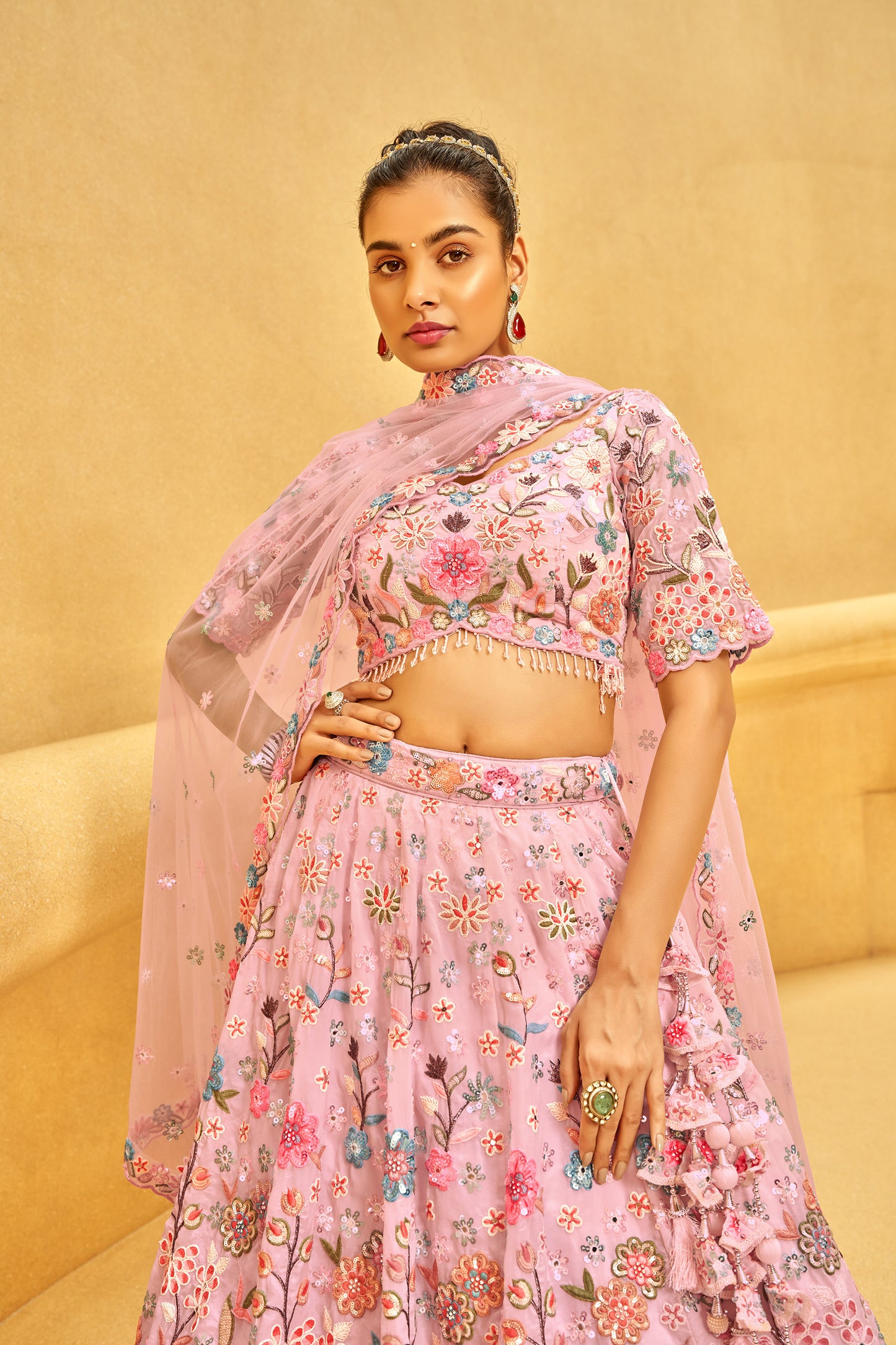 Pink Organza Zarkan & heavy Sequin embroidery Engagement Lehenga Choli