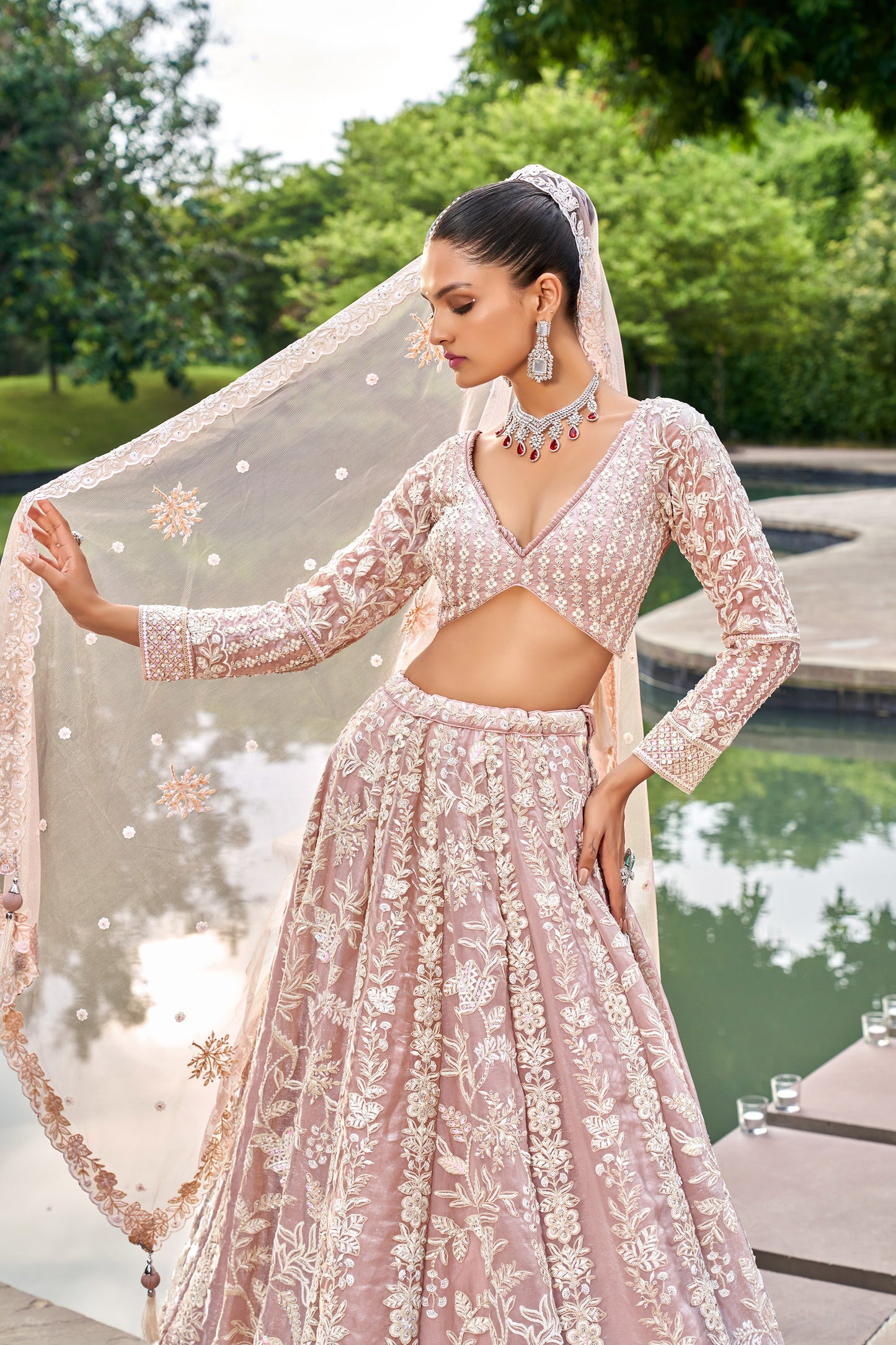 Nude Organza Sequins embroidery Engagement Lehenga Choli