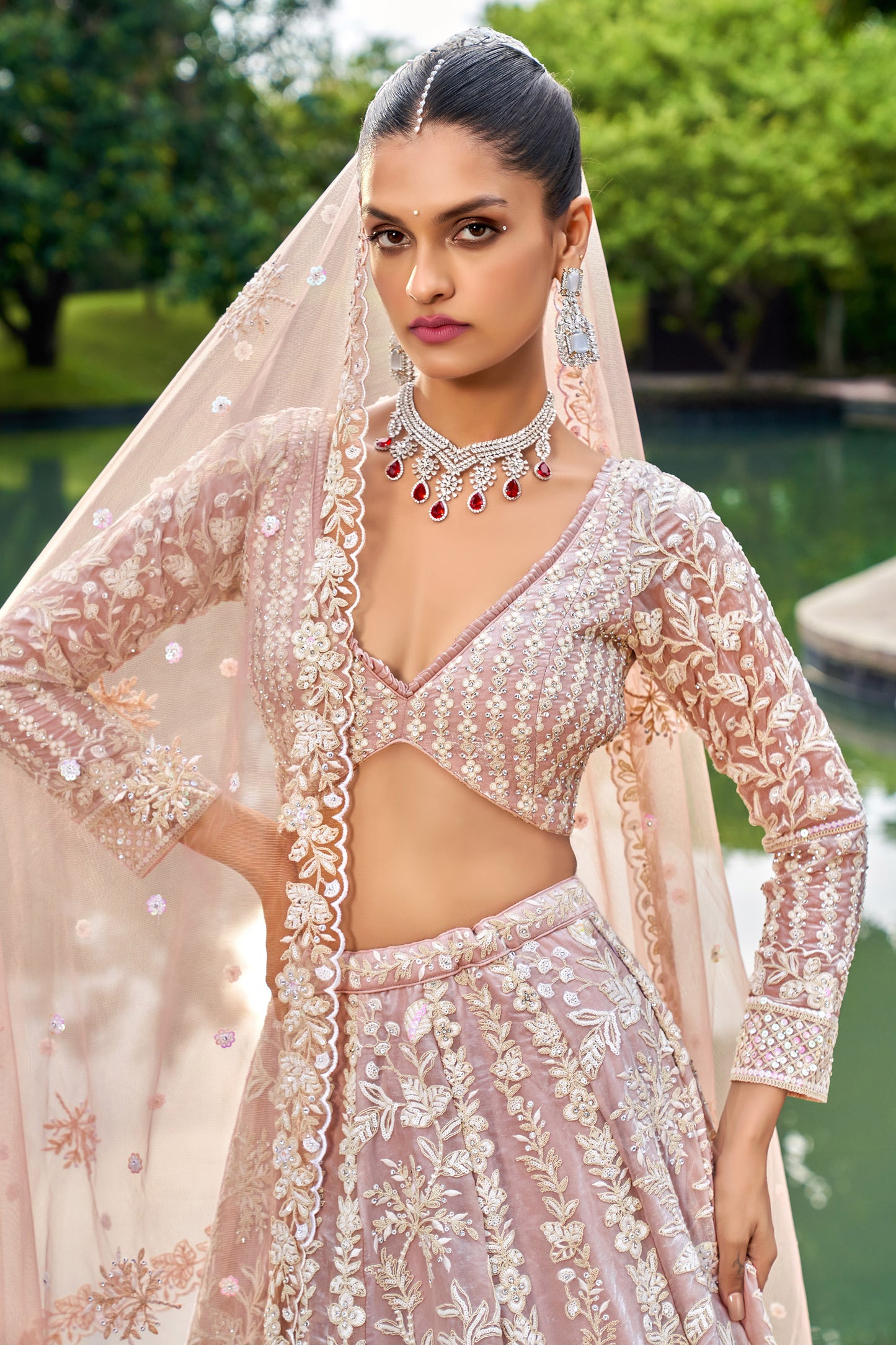 Nude Organza Sequins embroidery Engagement Lehenga Choli