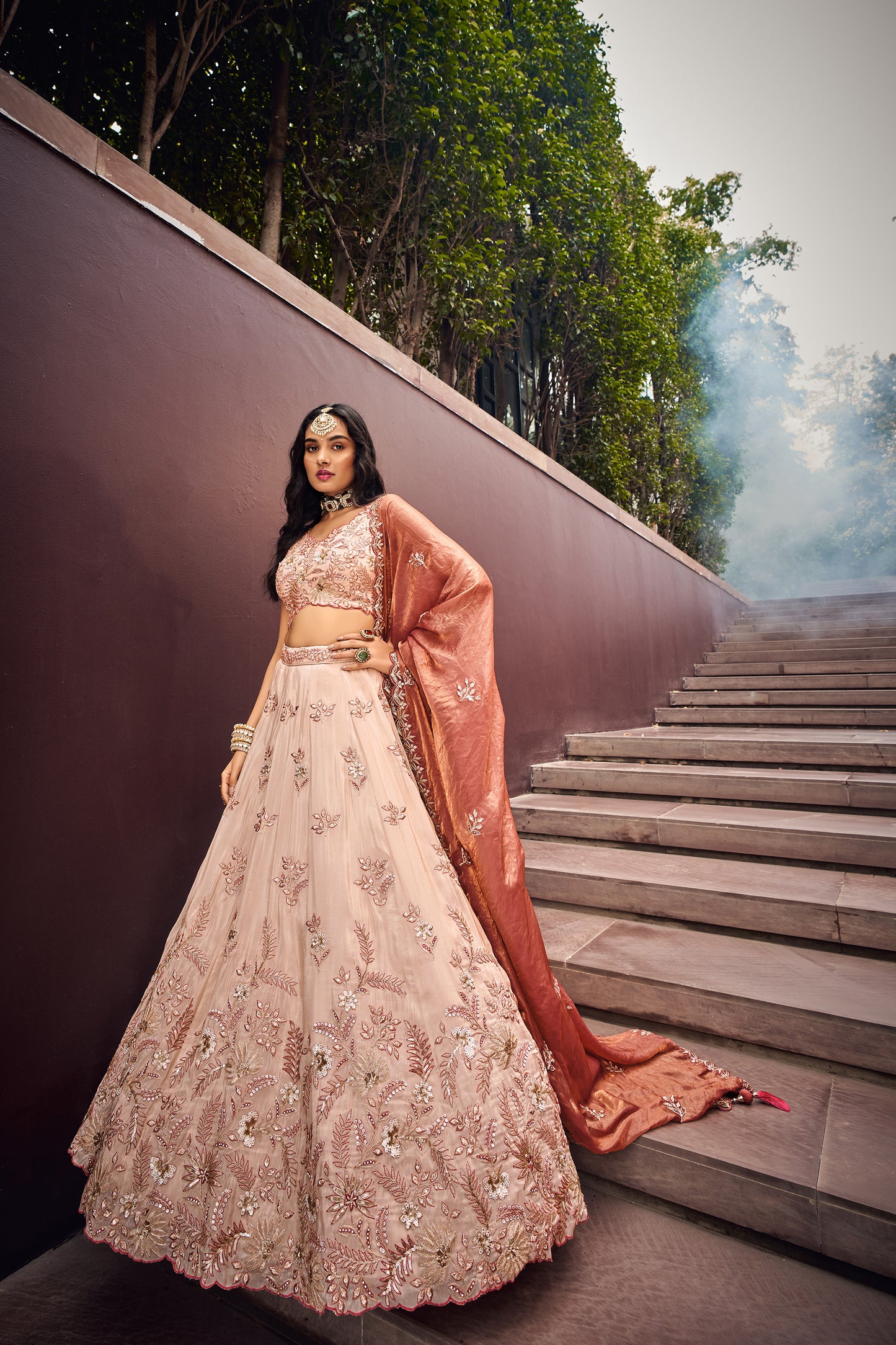 Rose Gold Viscose Sequins work Bridesmaid Lehenga set