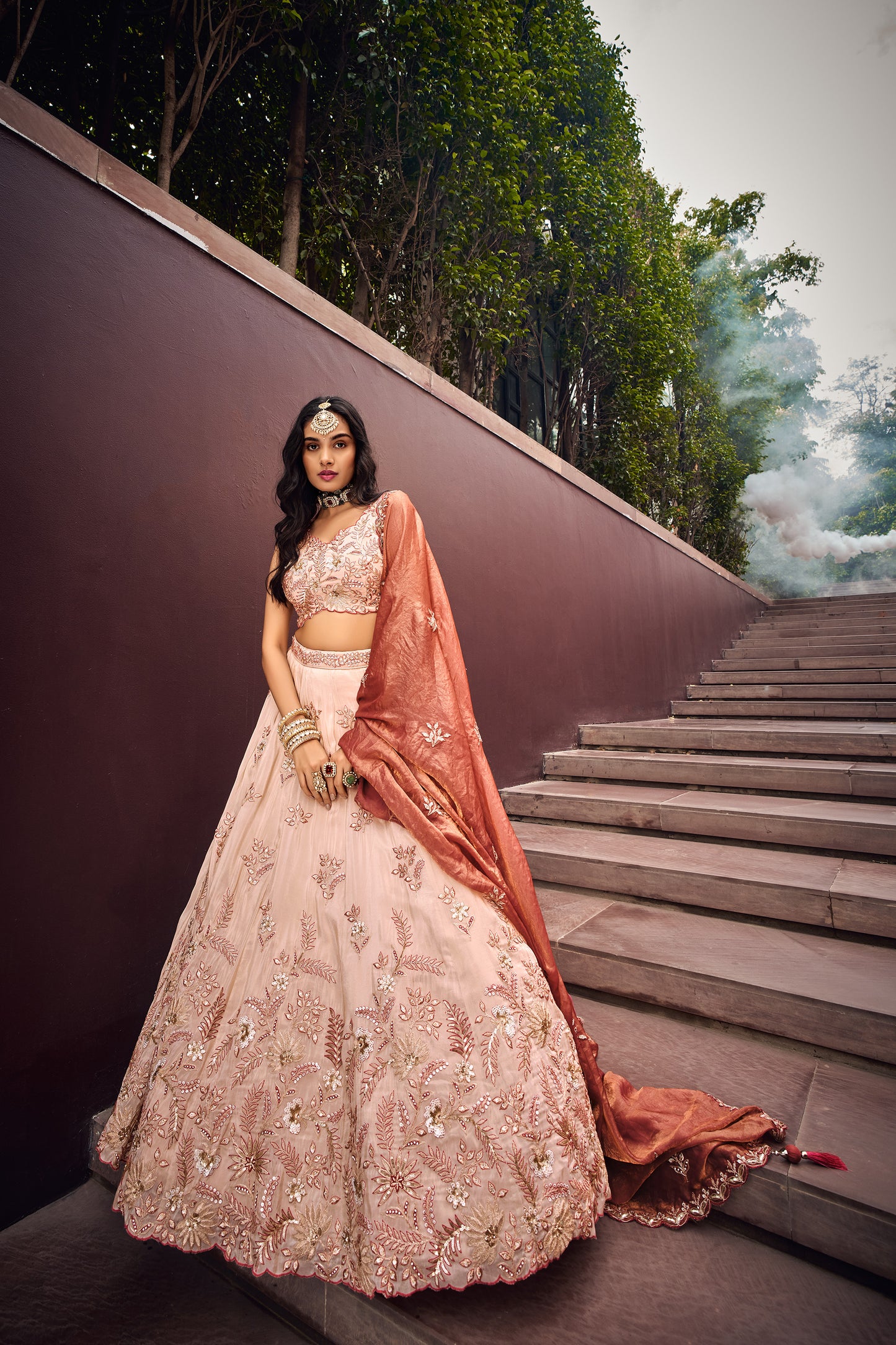 Rose Gold Viscose Sequins work Bridesmaid Lehenga set