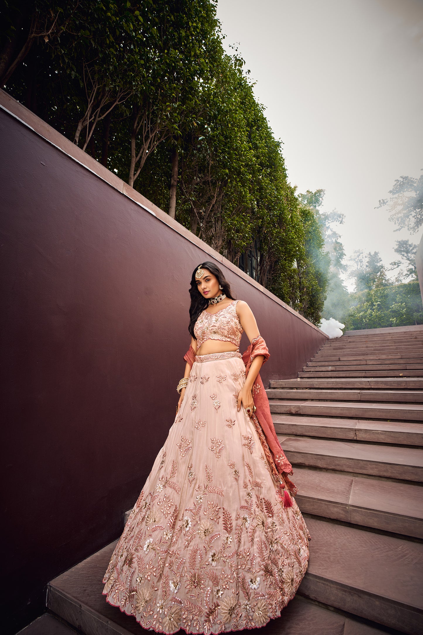 Rose Gold Viscose Sequins work Bridesmaid Lehenga set