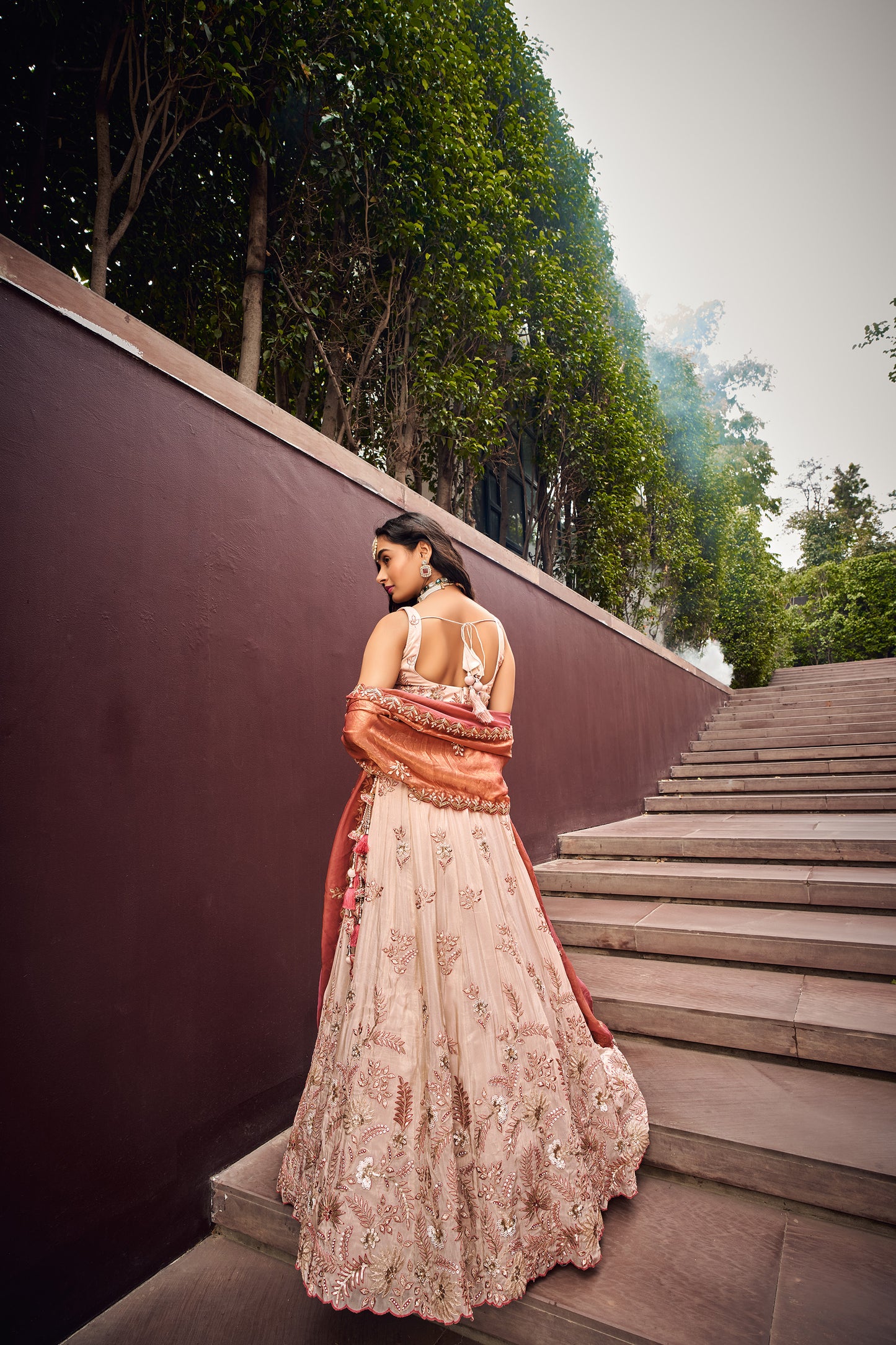 Rose Gold Viscose Sequins work Bridesmaid Lehenga set