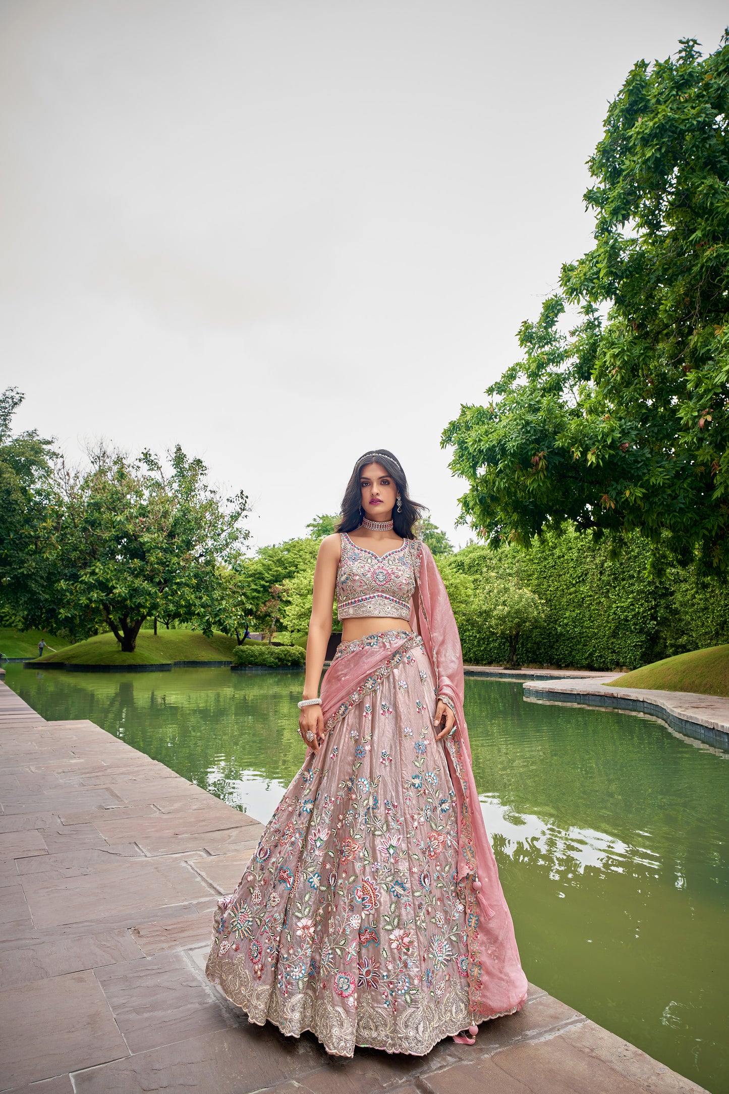 Rose gold Organza Sequins & Mirror work Bridesmaid Lehenga set