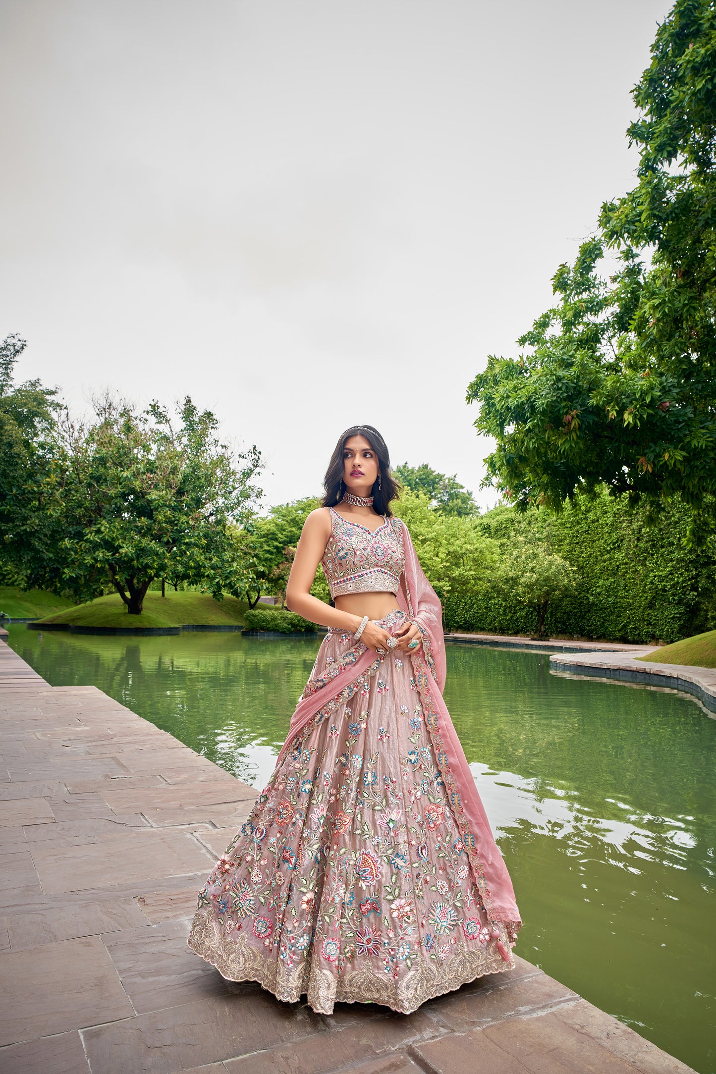 Rose gold Organza Sequins & Mirror work Bridesmaid Lehenga set