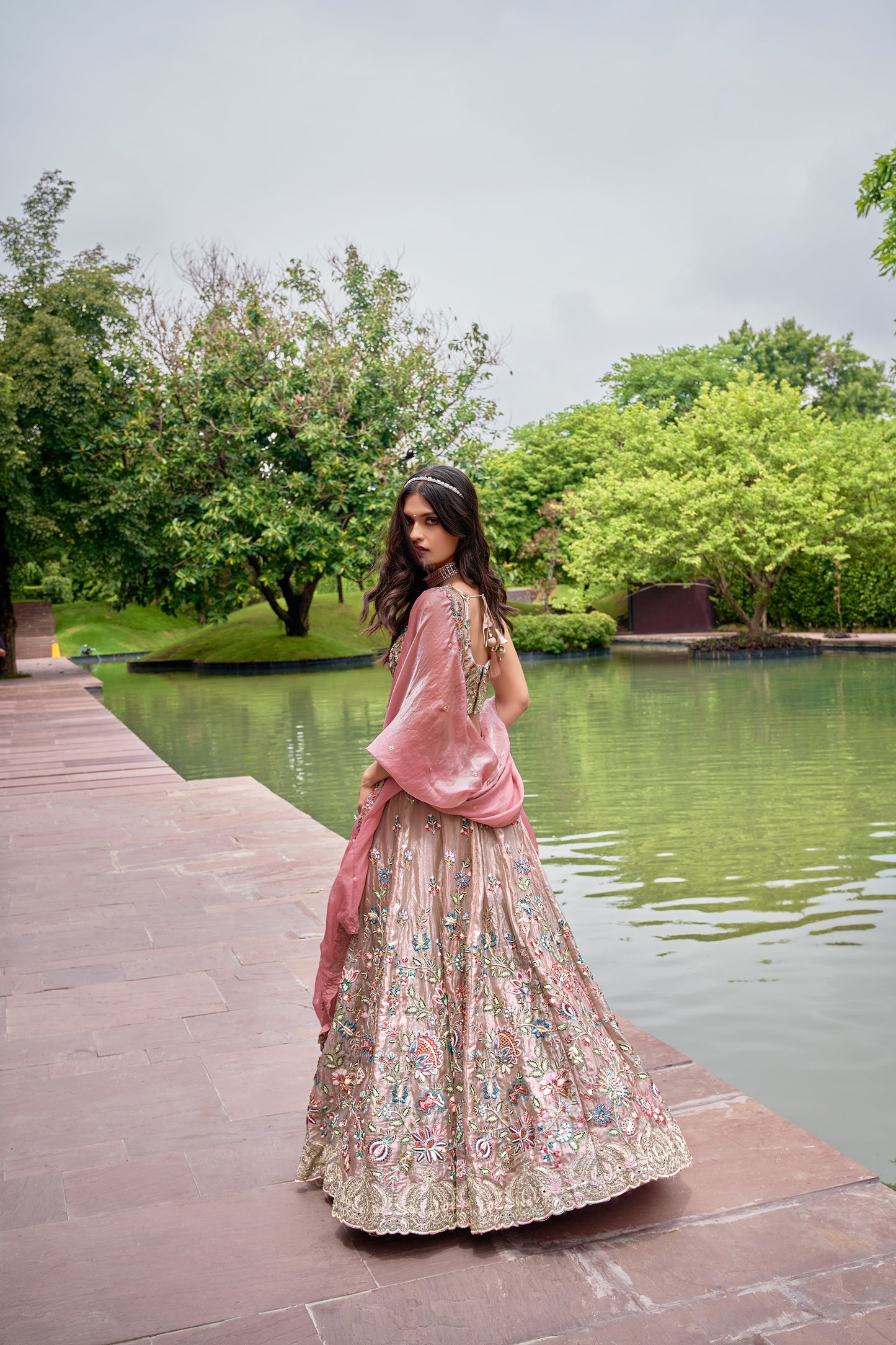 Rose gold Organza Sequins & Mirror work Bridesmaid Lehenga set