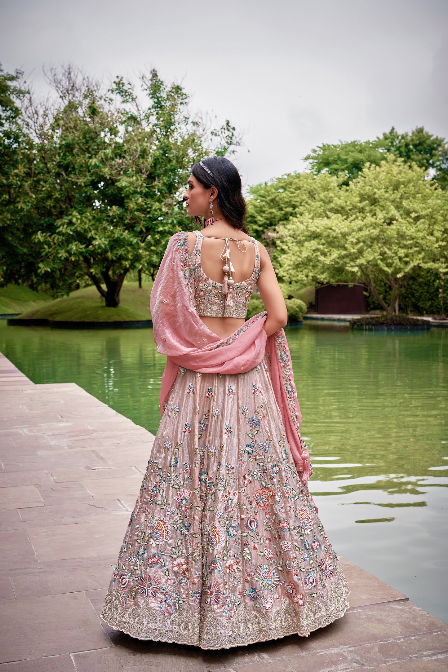 Rose gold Organza Sequins & Mirror work Bridesmaid Lehenga set