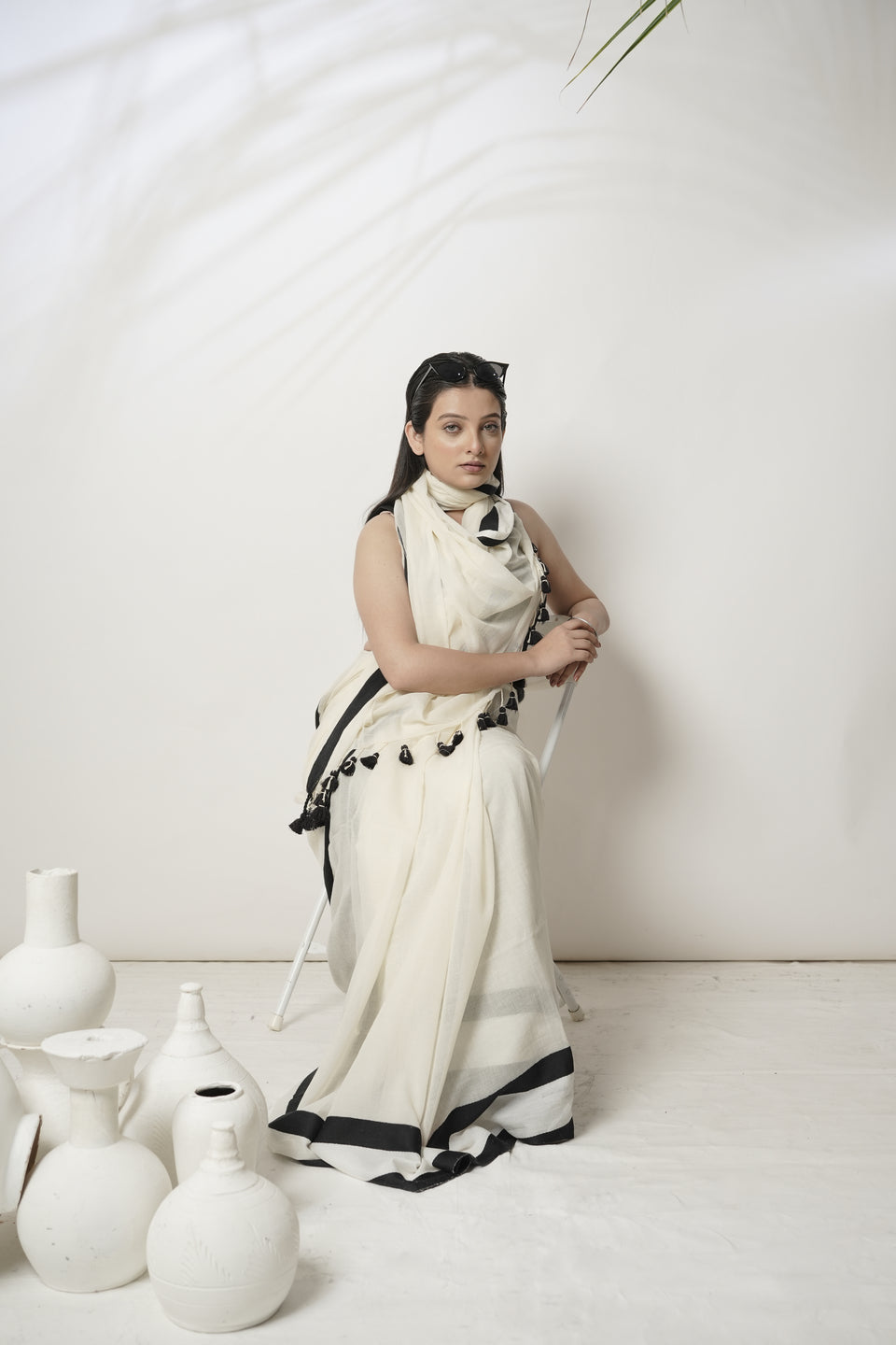 Midnight zebra I White cotton handloom saree with Black Border