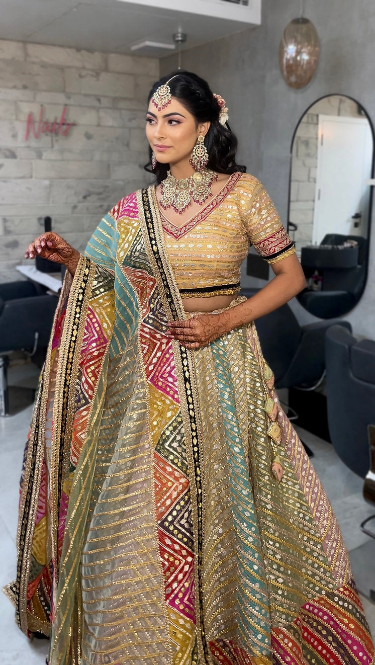 Multi Color Gota Patti Embroidery Organza Bridal Lehenga