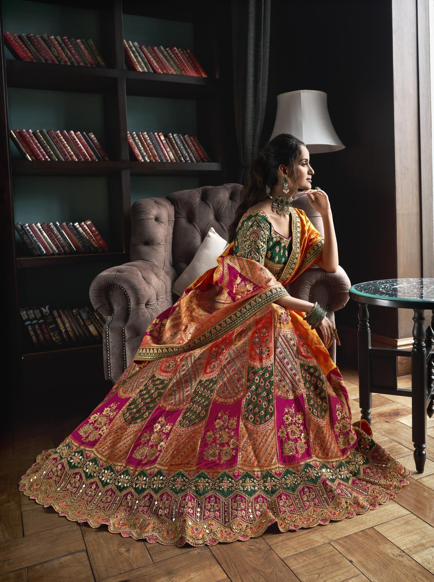 Mustard-Green Zarkan Embroidered Banarasi Silk Bridal Lehenga 