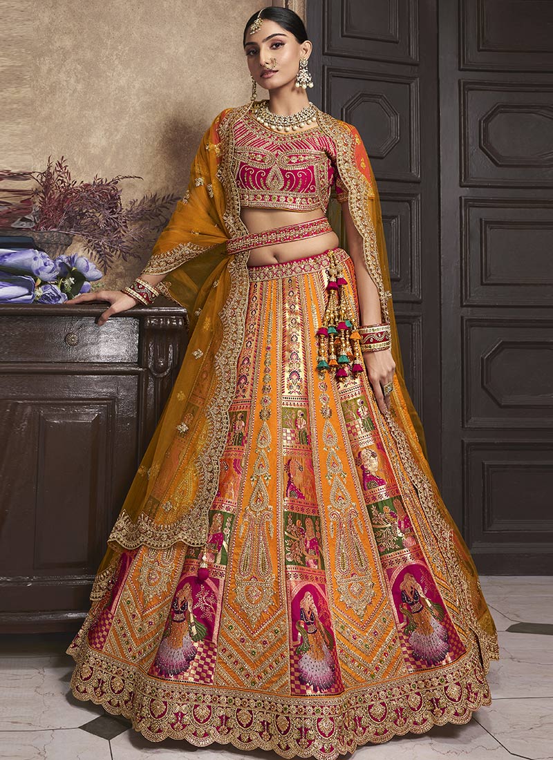 Mustard Yellow Banarasi Silk Embroidered Umbrella Bridal Lehenga