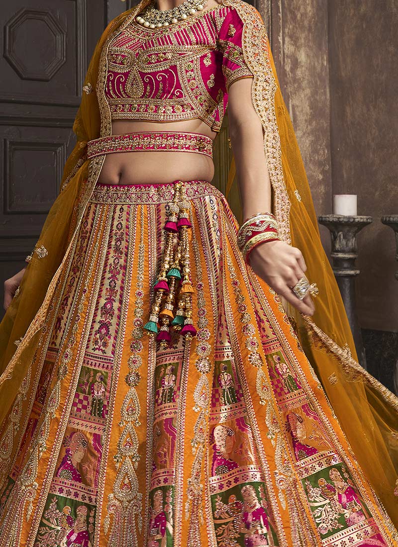 Mustard Yellow Banarasi Silk Embroidered Umbrella Bridal Lehenga