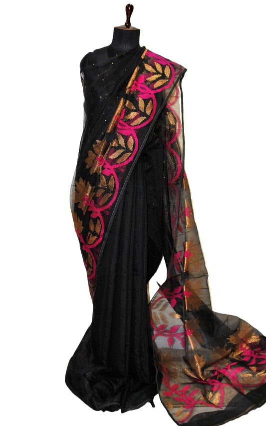 Sitara Work Half Tussar Silk and Half Muslin Saree in Black and Gold