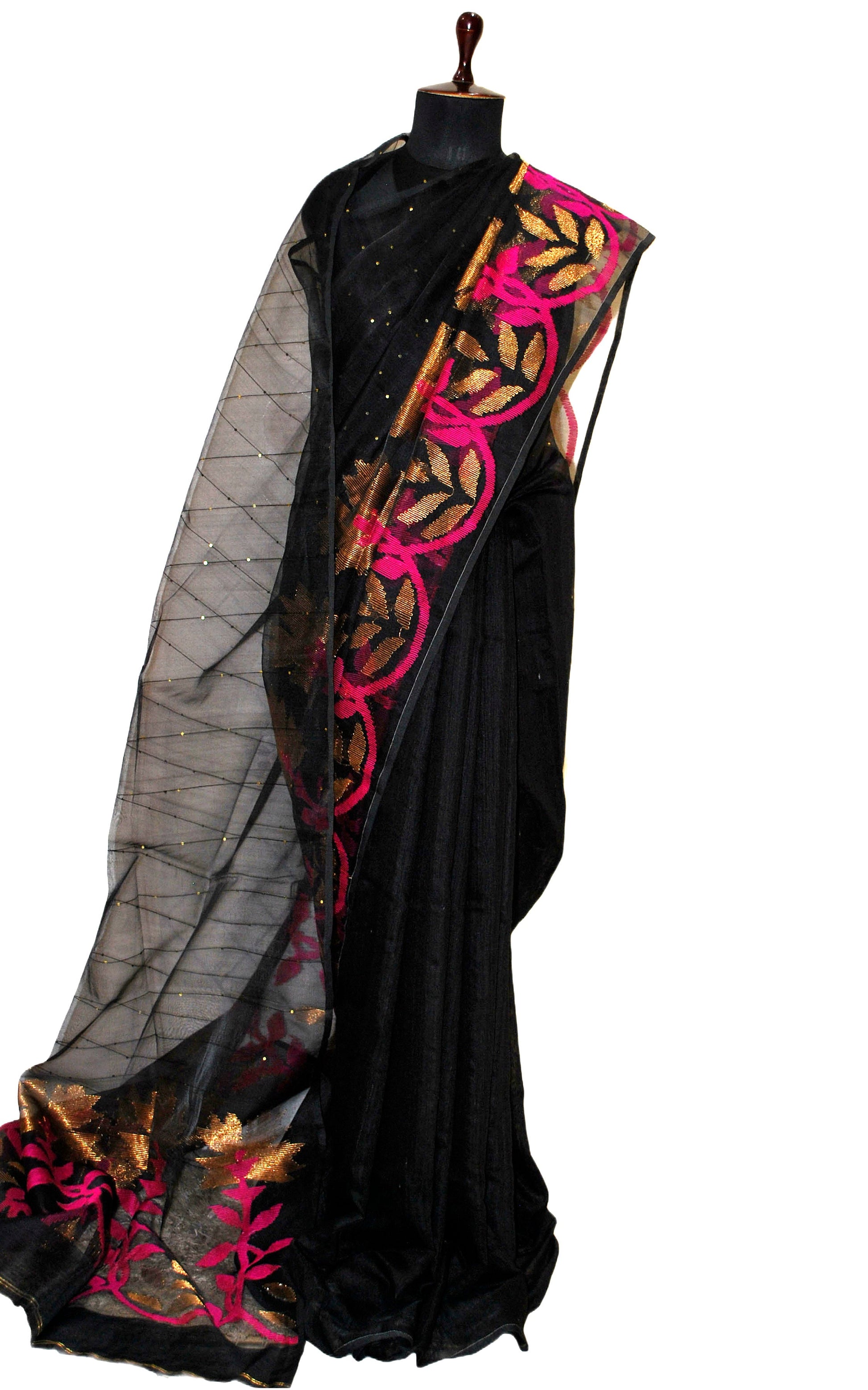 Sitara Work Half Tussar Silk and Half Muslin Saree in Black and Gold