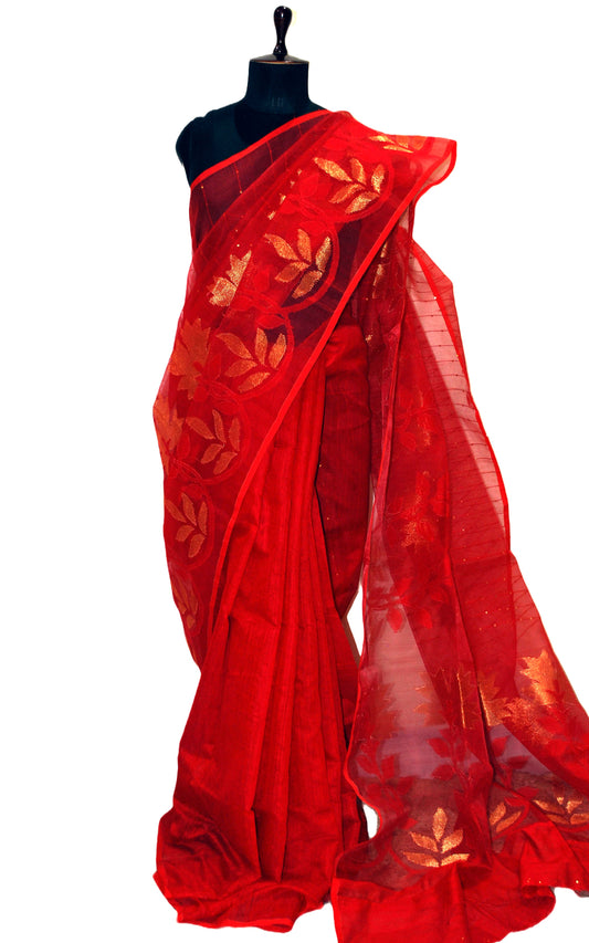 Sitara Work Half Tussar Silk and Half Muslin Saree in Bright Red and Gold