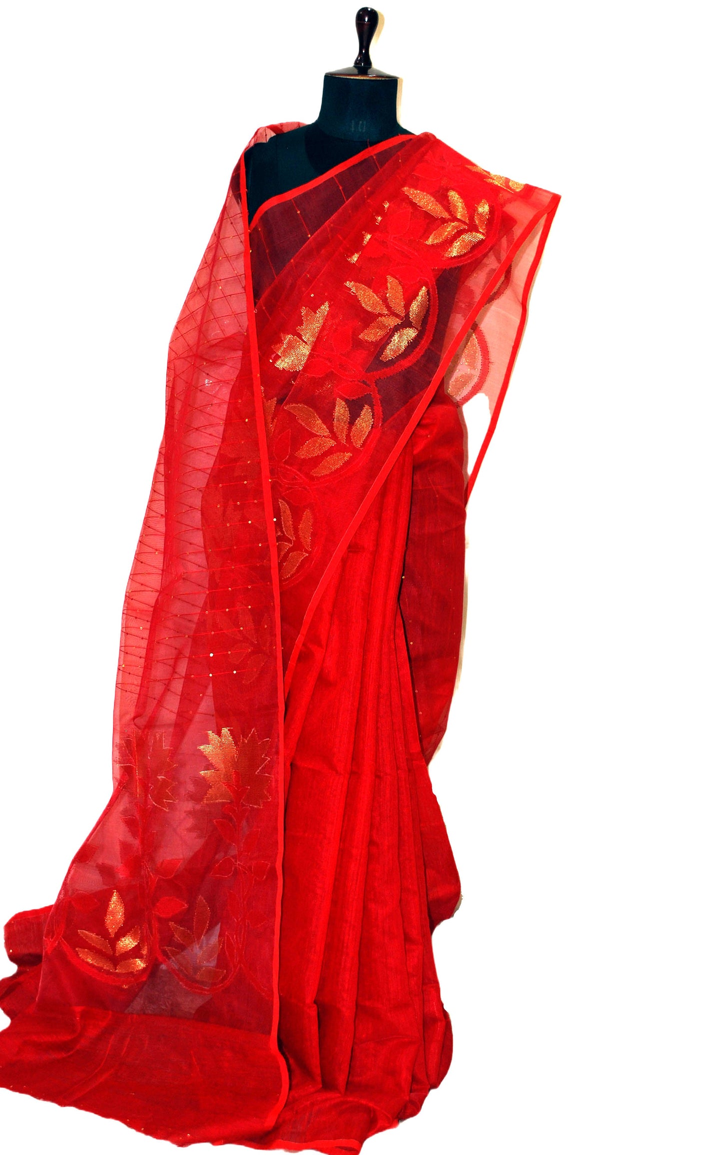 Sitara Work Half Tussar Silk and Half Muslin Saree in Bright Red and Gold