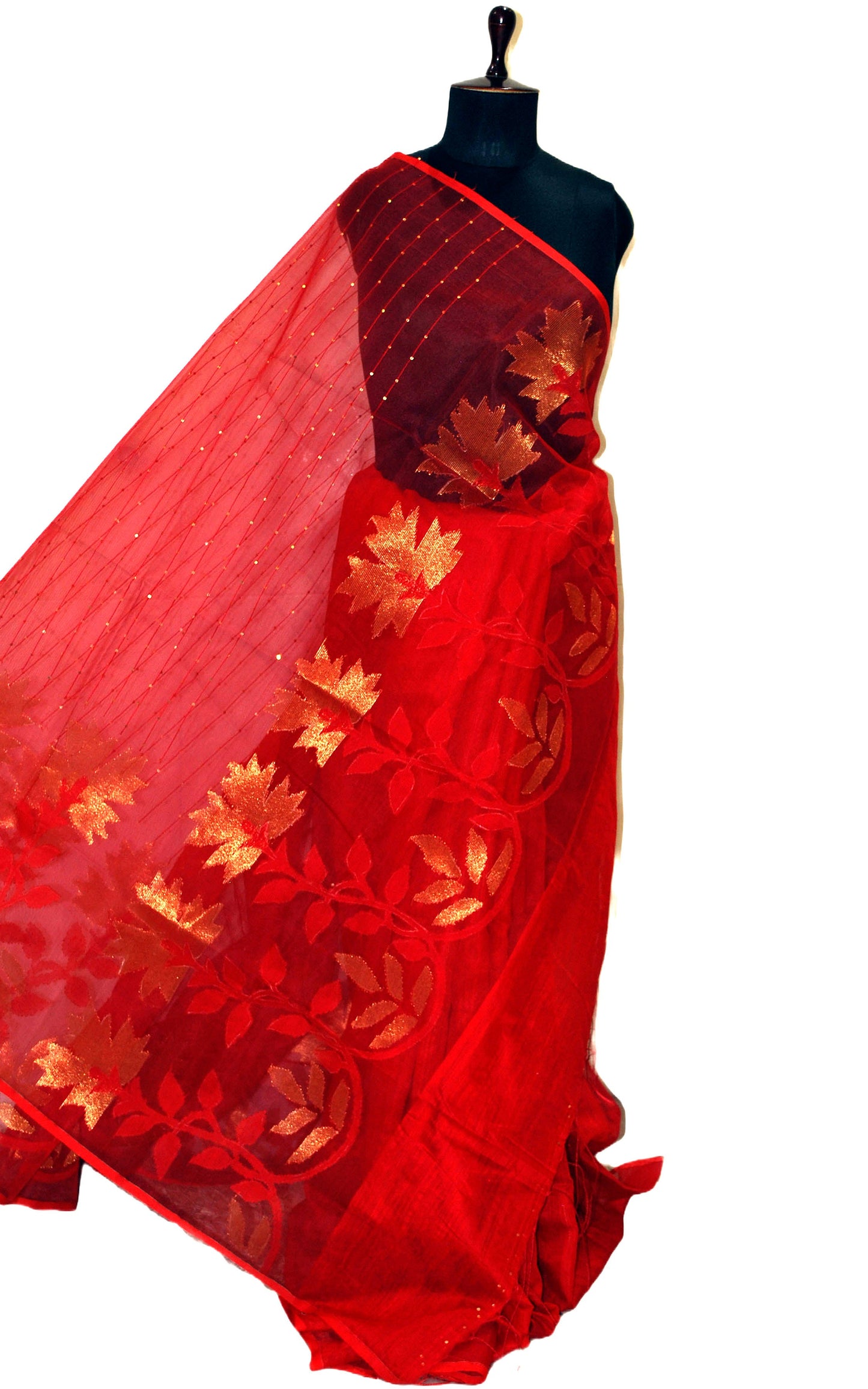 Sitara Work Half Tussar Silk and Half Muslin Saree in Bright Red and Gold