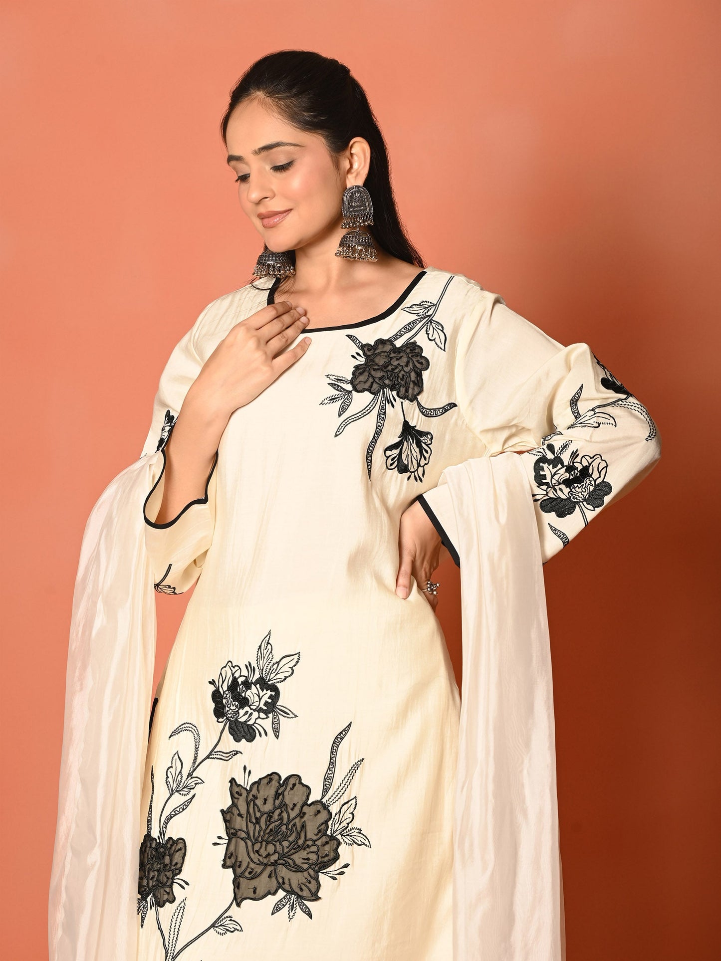 White Roman Silk Embroidered Kurta Set