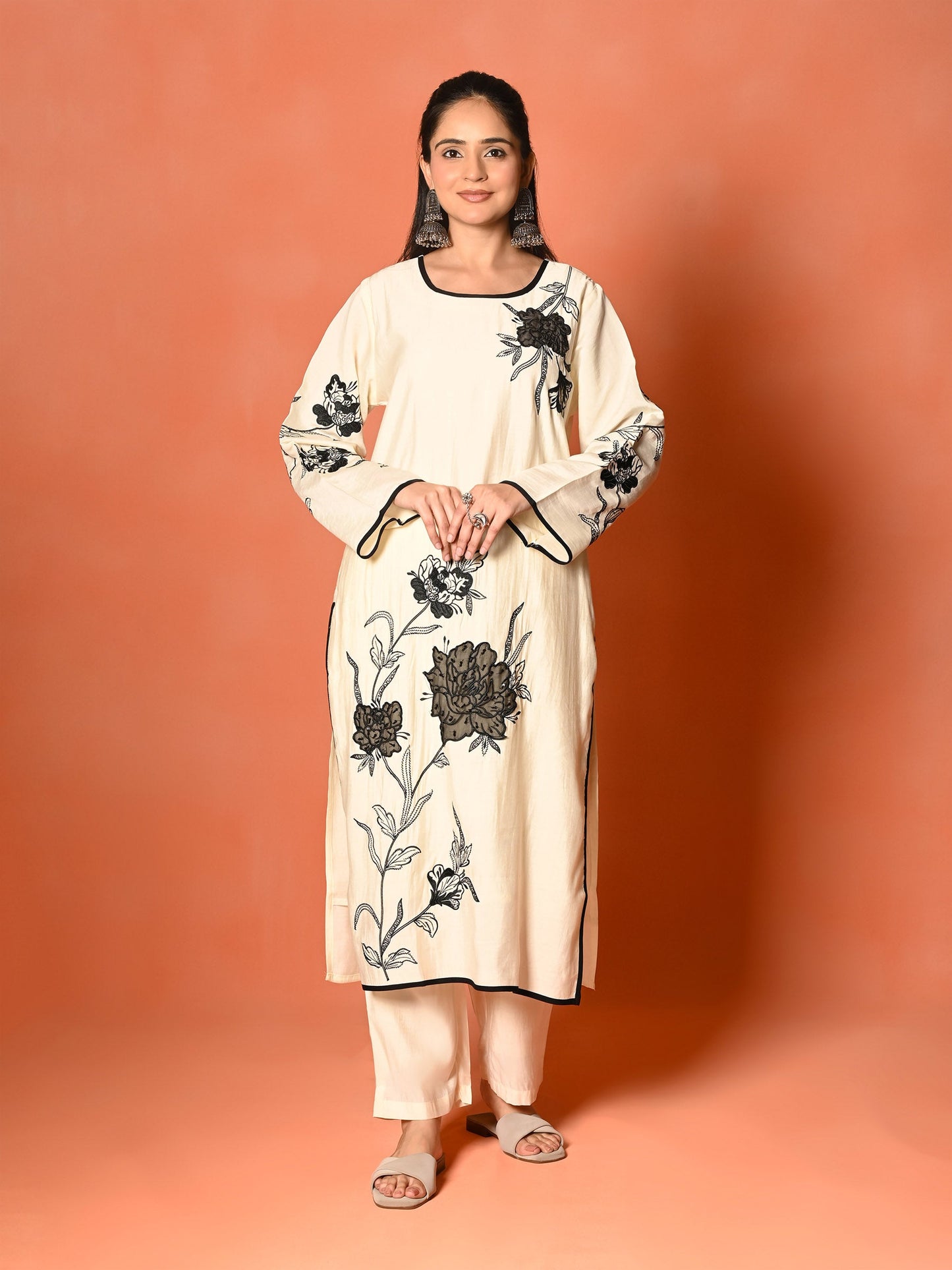 White Roman Silk Embroidered Kurta Set