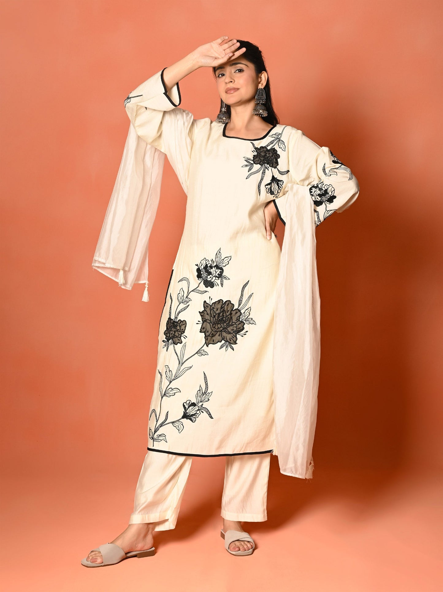 White Roman Silk Embroidered Kurta Set