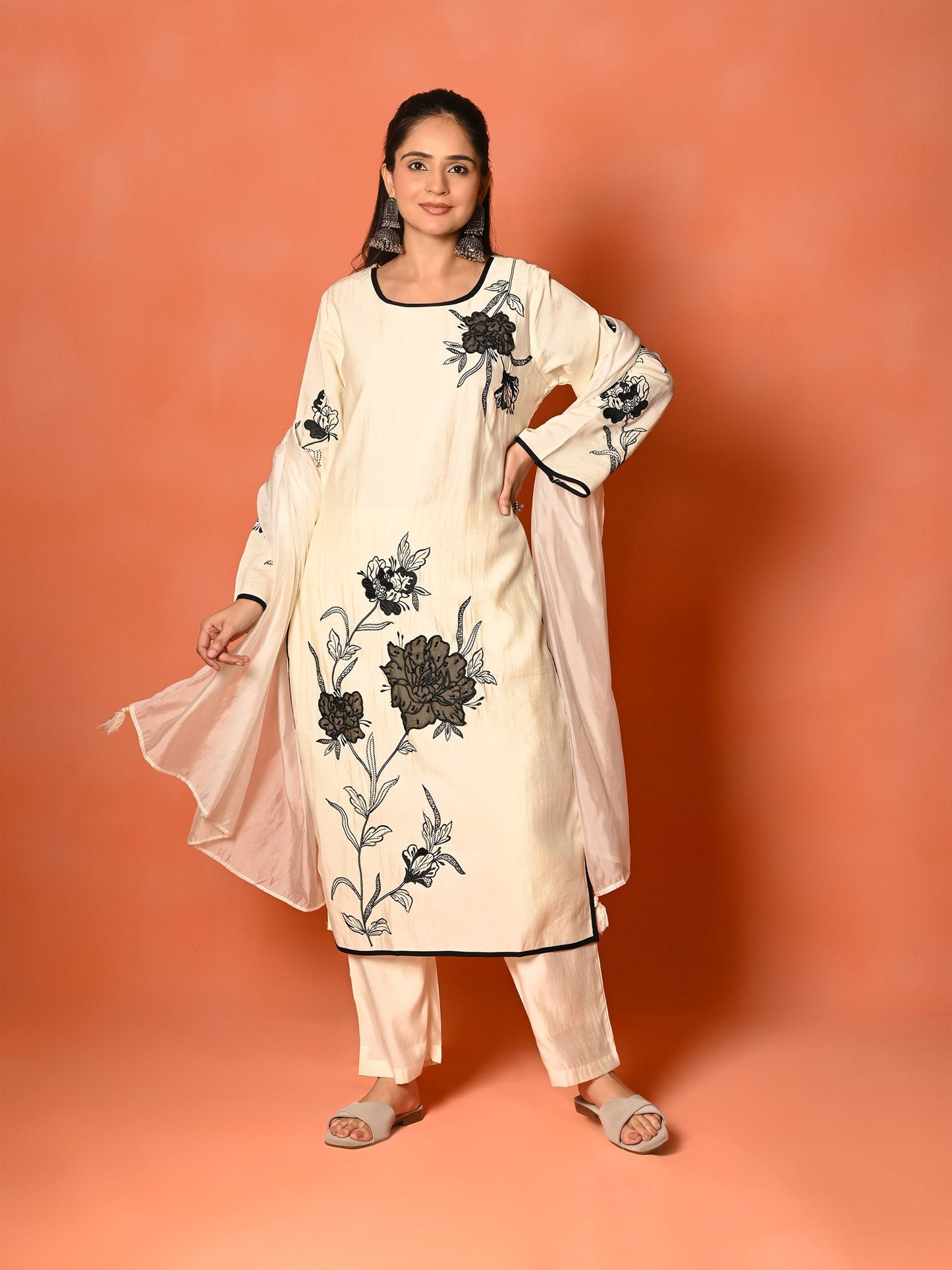 White Roman Silk Embroidered Kurta Set