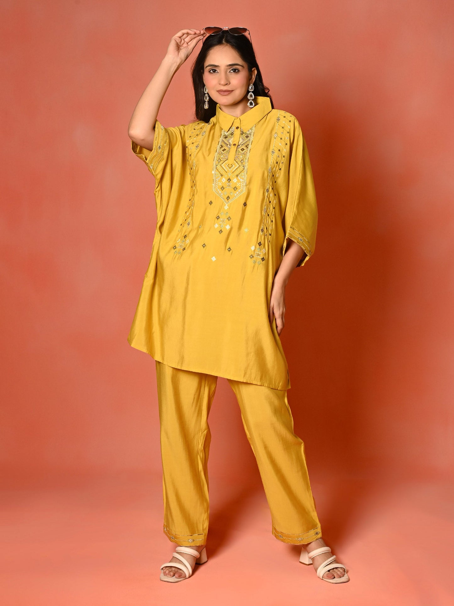 Yellow Roman Silk Kaftan Co-Ord Set