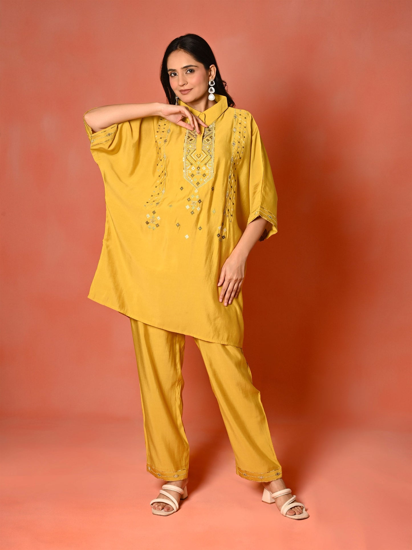 Yellow Roman Silk Kaftan Co-Ord Set