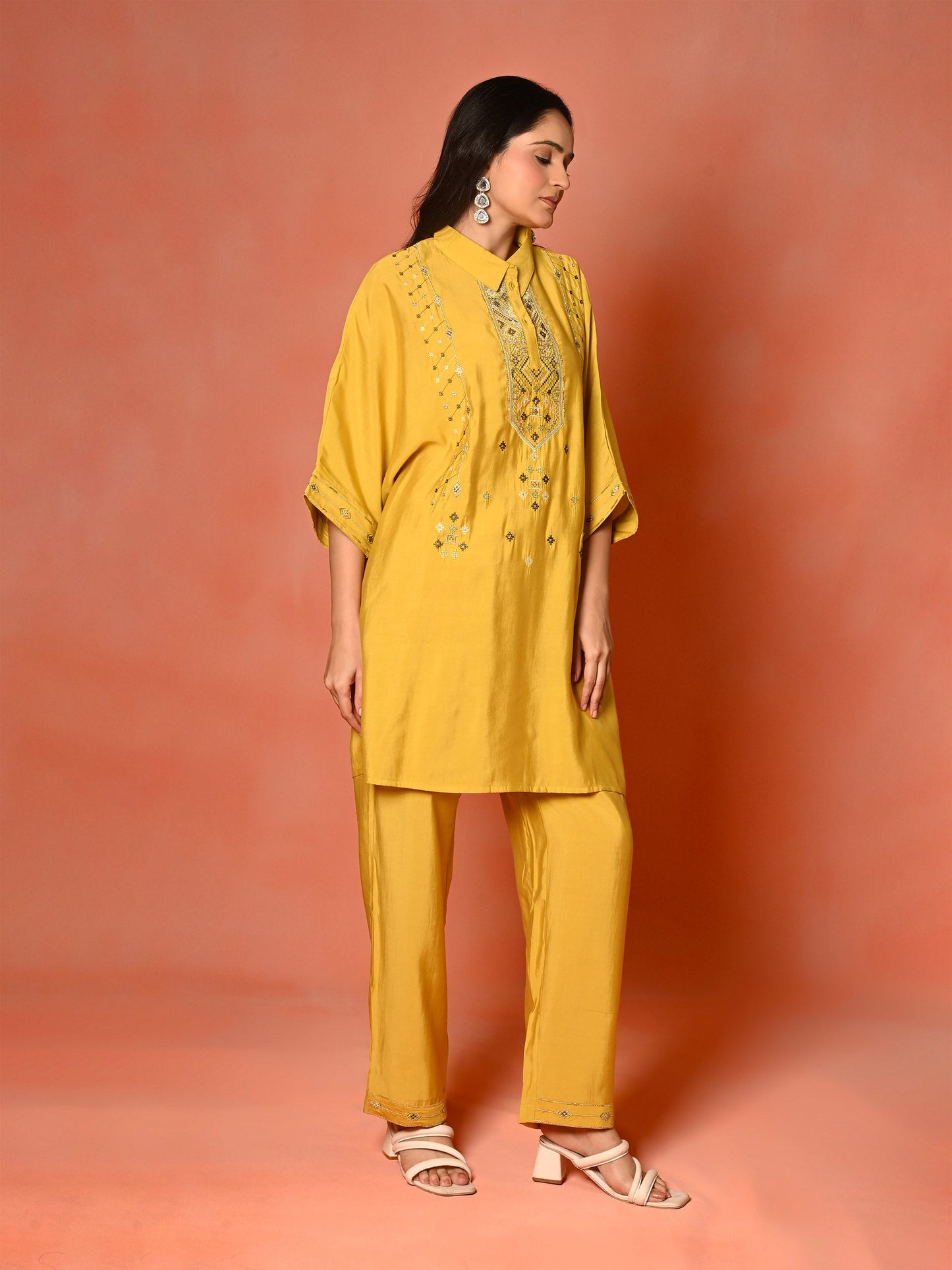 Yellow Roman Silk Kaftan Co-Ord Set