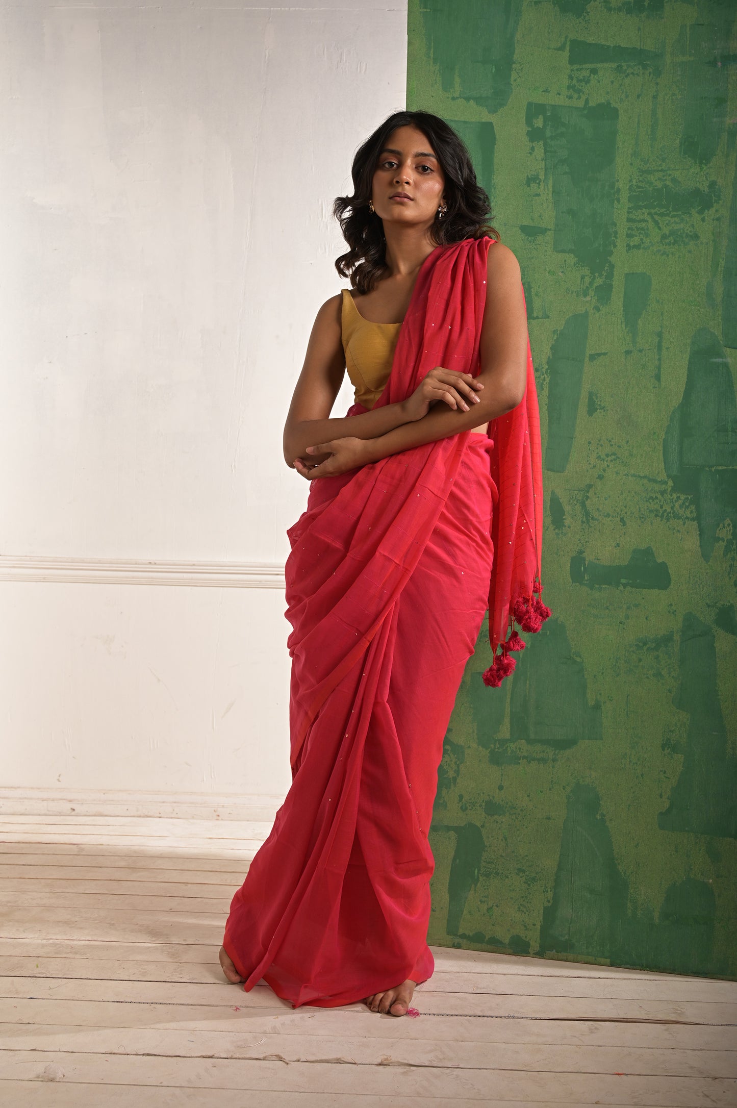 Nazuk Pankhuri | Hot Pink mul cotton saree with beaded sequins