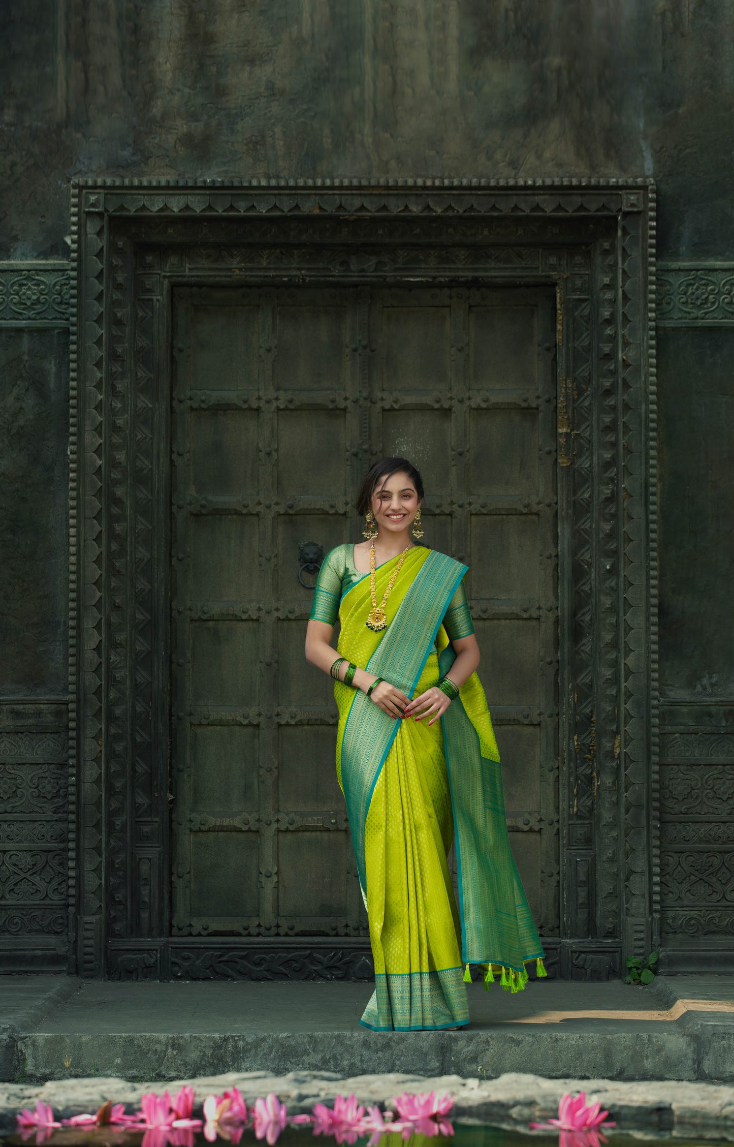 Yellow and Sea Green Zari Viscose Banarasi Silk Saree