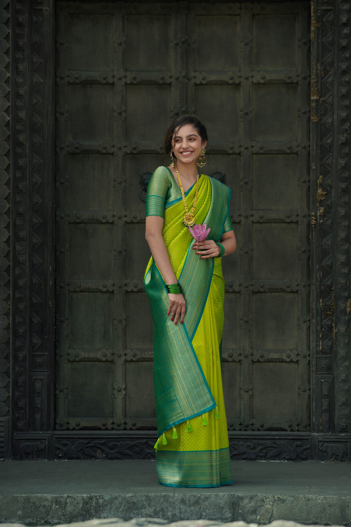 Yellow and Sea Green Zari Viscose Banarasi Silk Saree