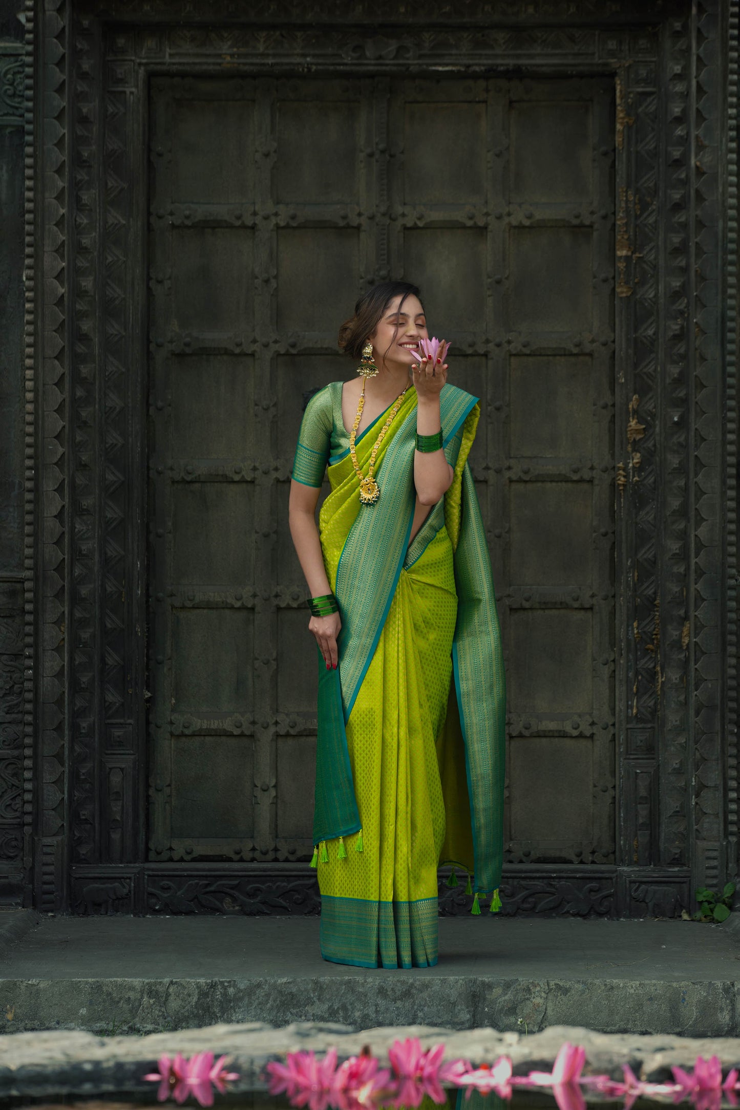 Yellow and Sea Green Zari Viscose Banarasi Silk Saree