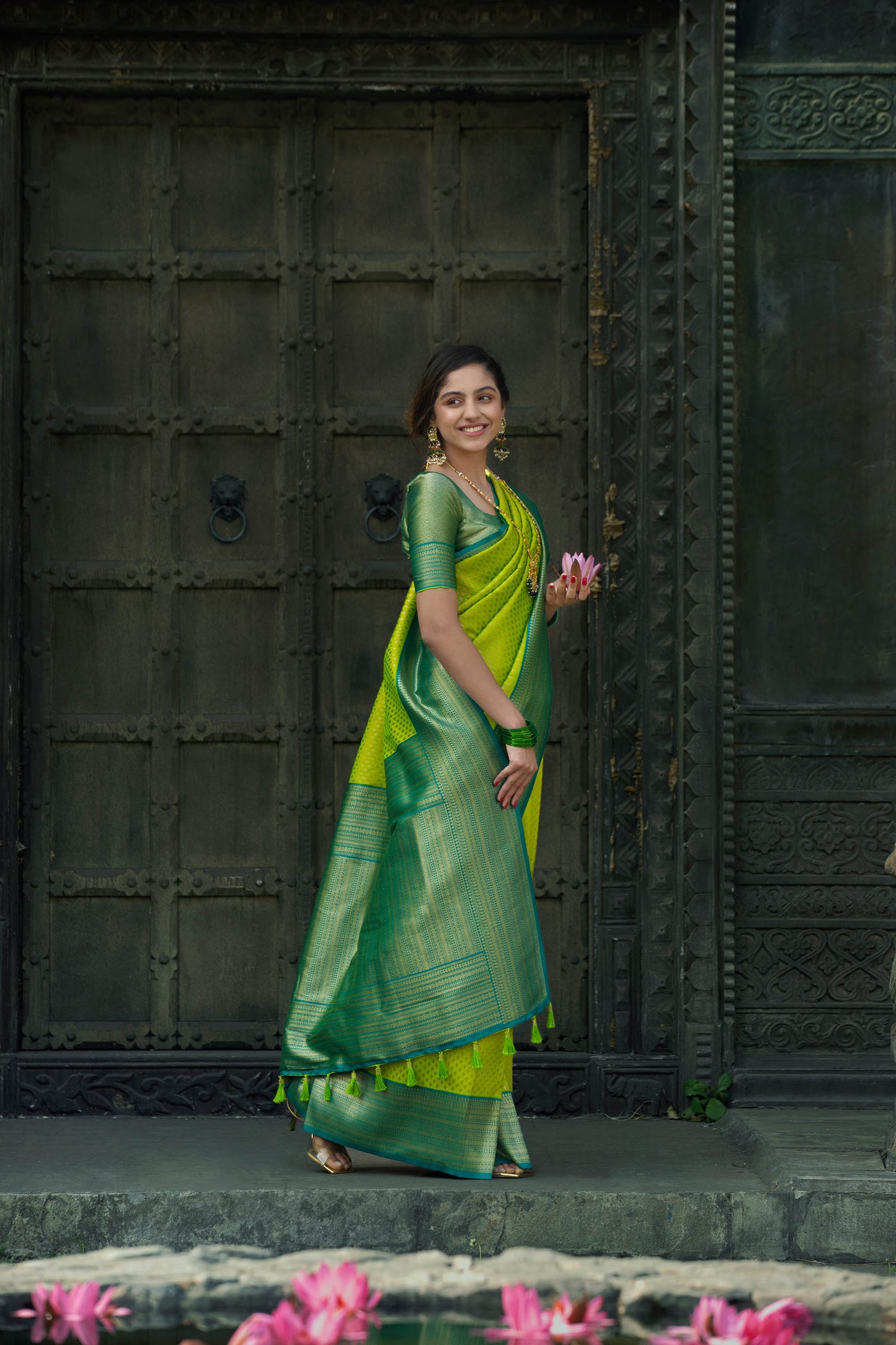 Yellow and Sea Green Zari Viscose Banarasi Silk Saree