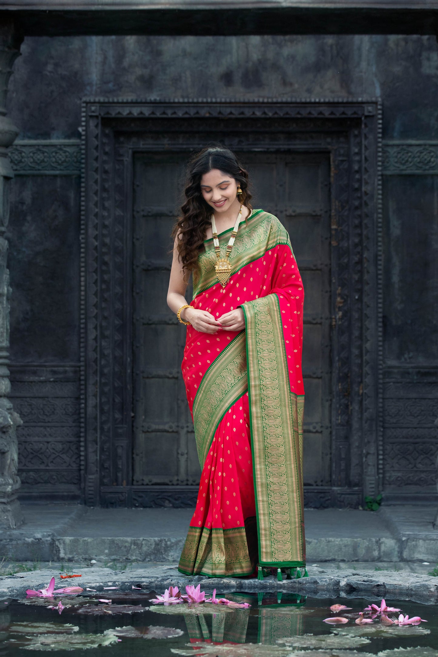 Rani Pink Zari Viscose Banarasi Silk Saree