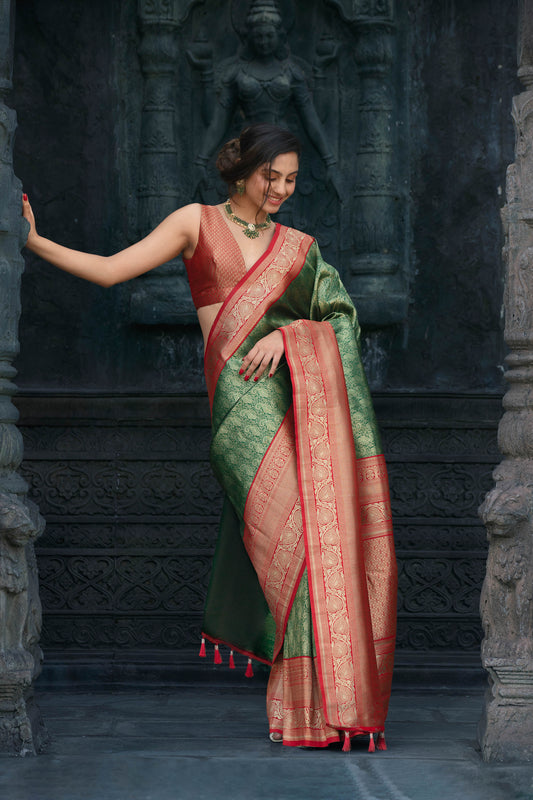 Bottle Green Zari Viscose Banarasi Silk ishkiya Saree