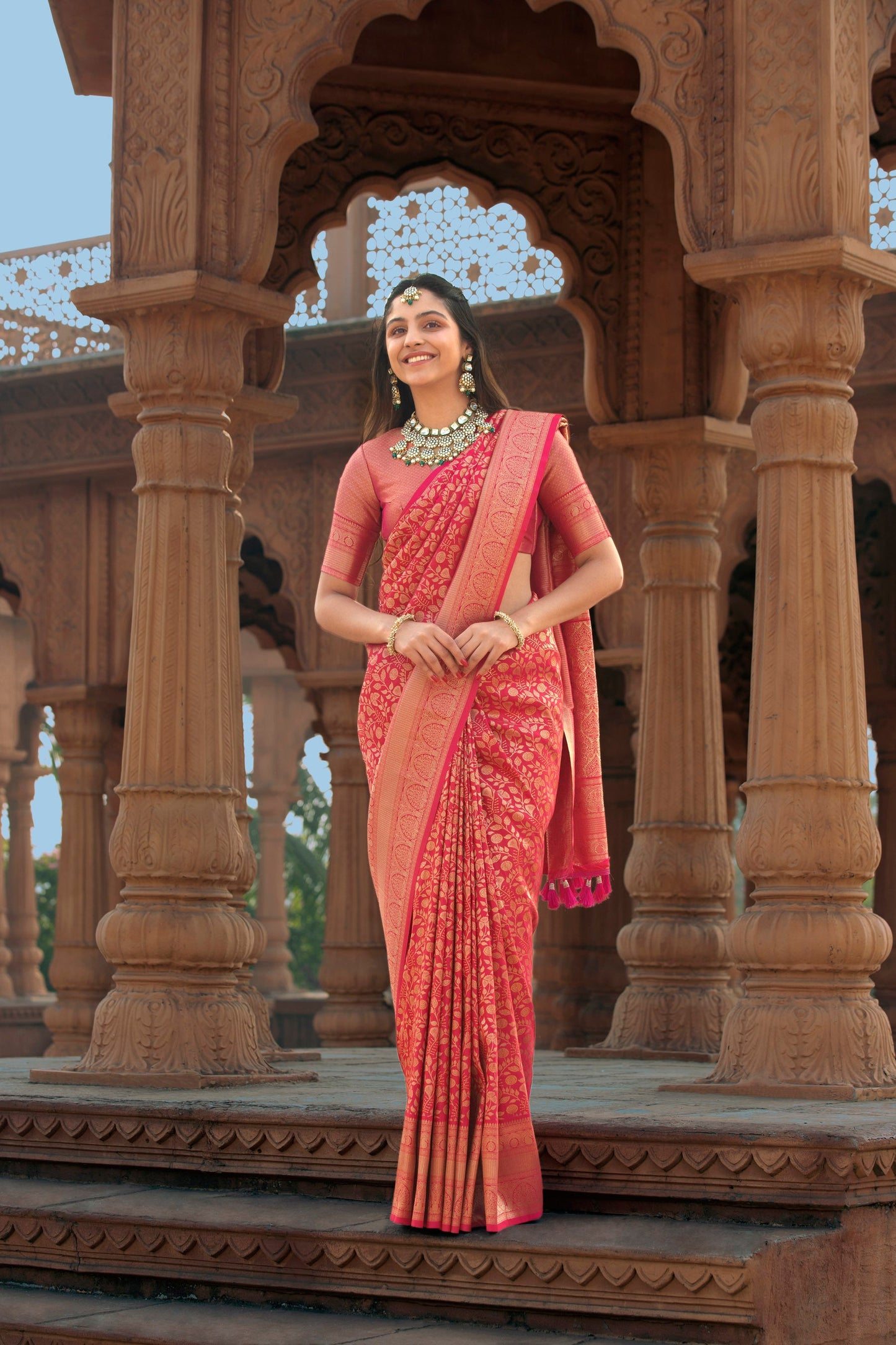 Classic Kanjeevaram-Inspired Rani Pink Silk Saree