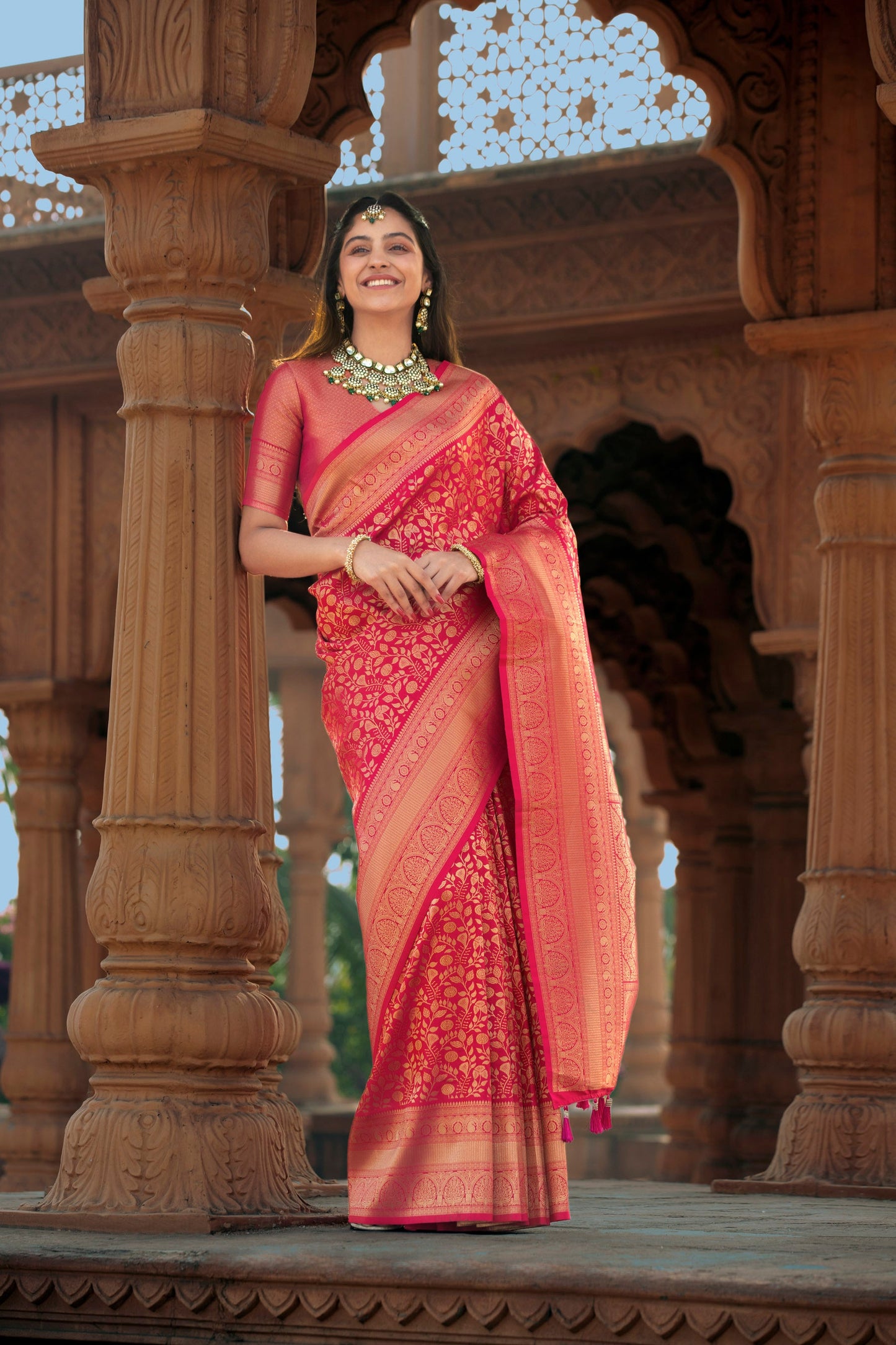 Classic Kanjeevaram-Inspired Rani Pink Silk Saree