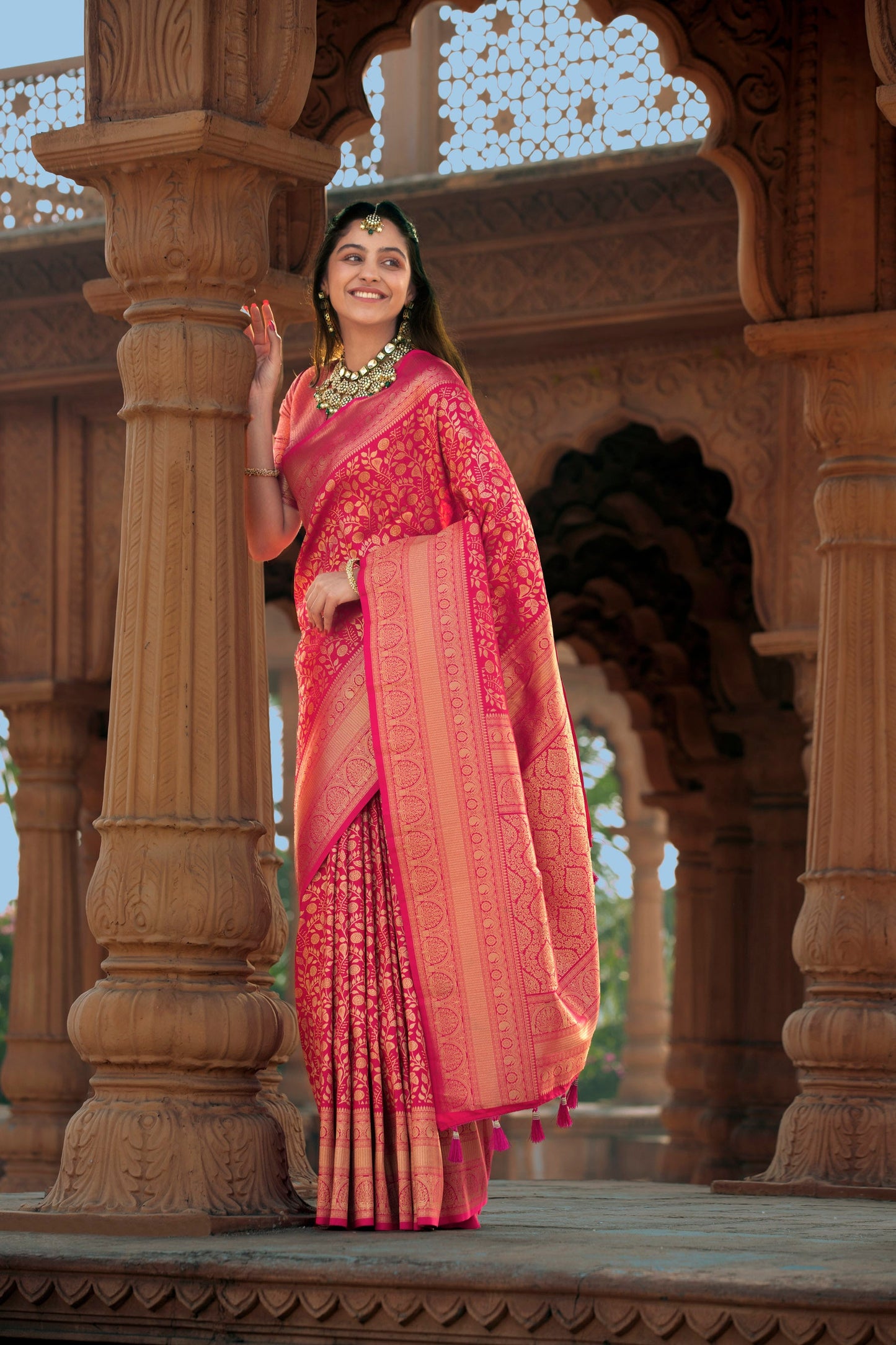 Classic Kanjeevaram-Inspired Rani Pink Silk Saree