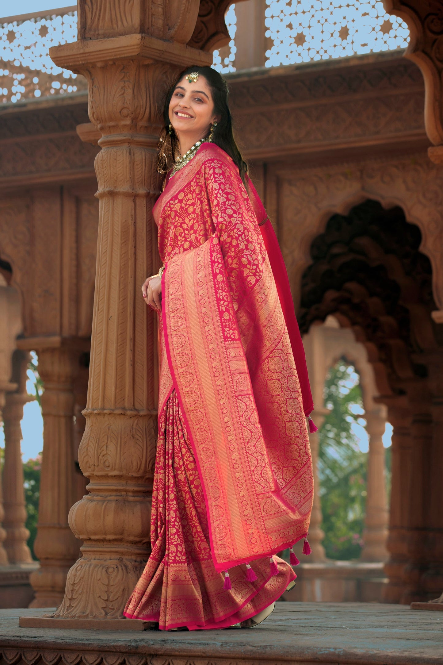 Classic Kanjeevaram-Inspired Rani Pink Silk Saree