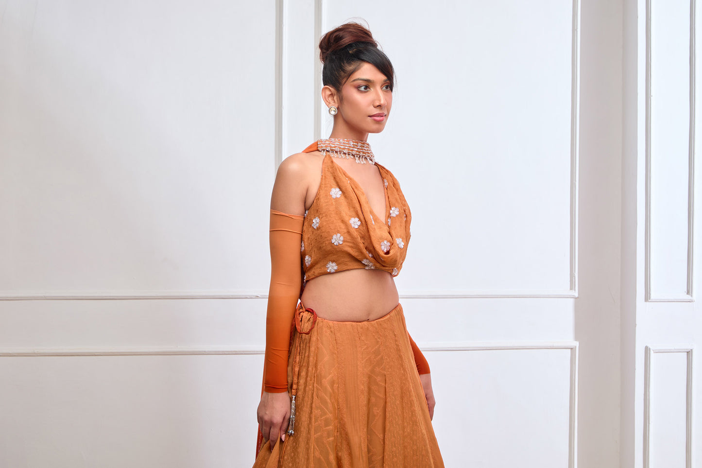 Orange Organza jamdani halter cowl neck blouse and lehenga set