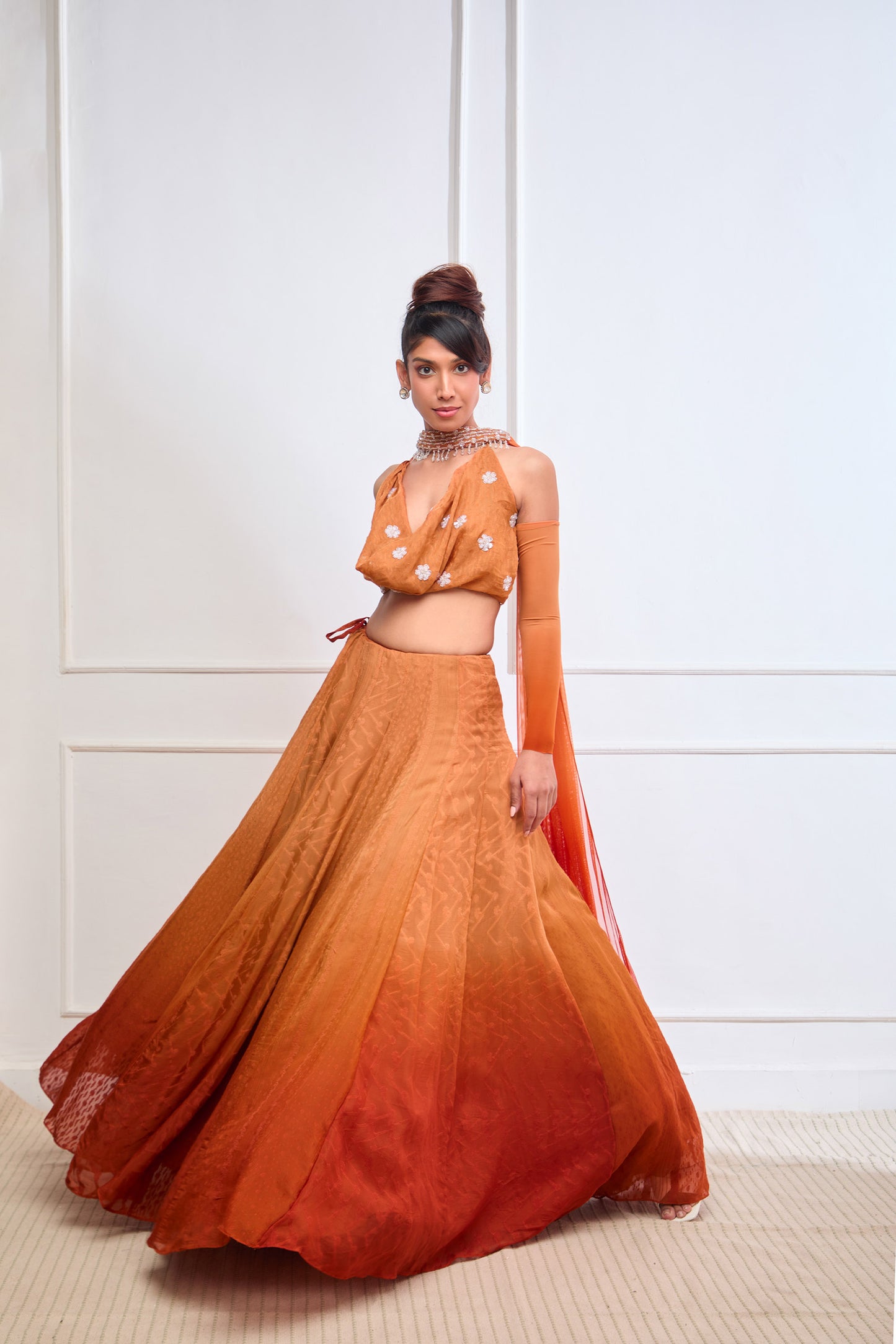 Orange Organza jamdani halter cowl neck blouse and lehenga set