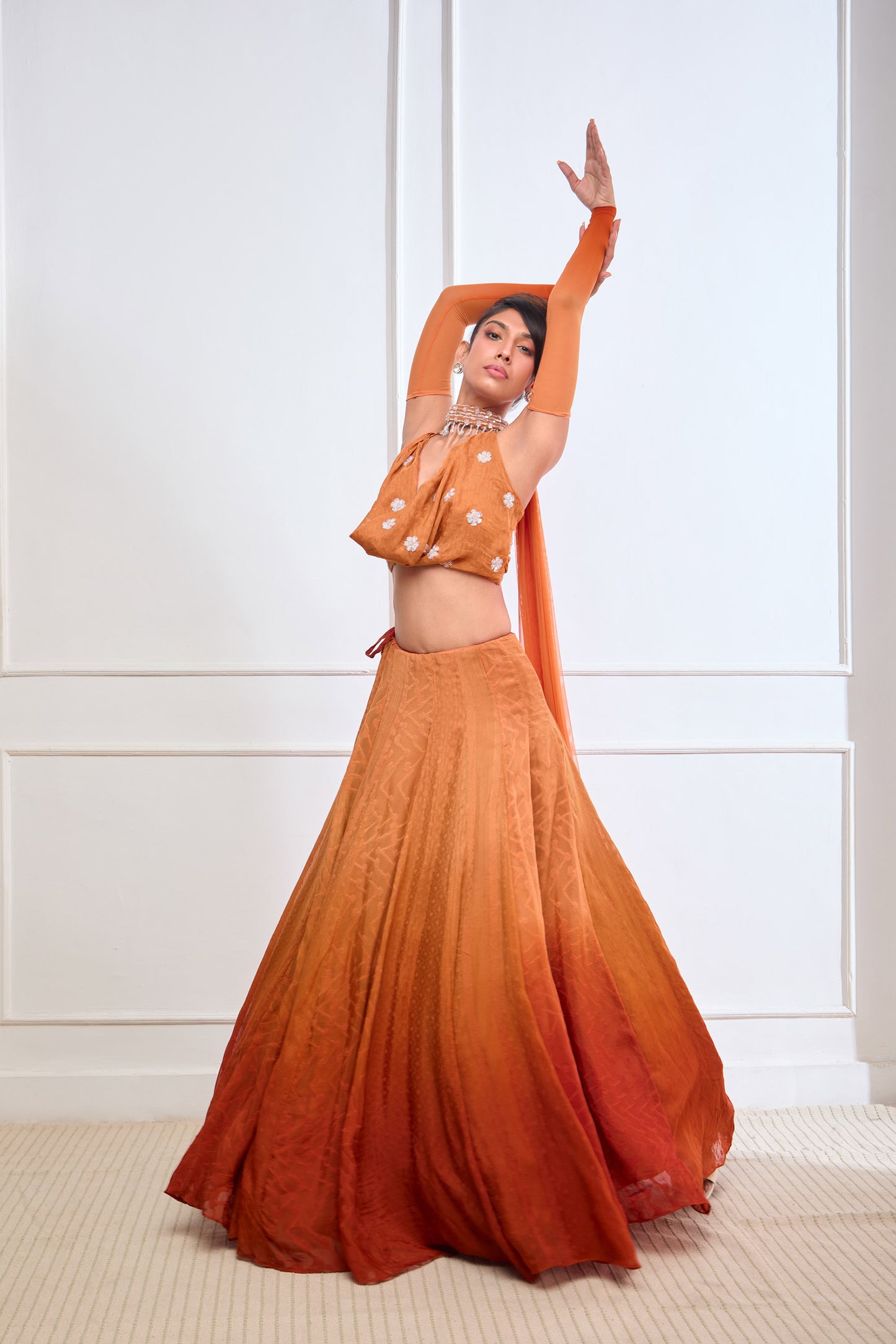 Orange Organza jamdani halter cowl neck blouse and lehenga set